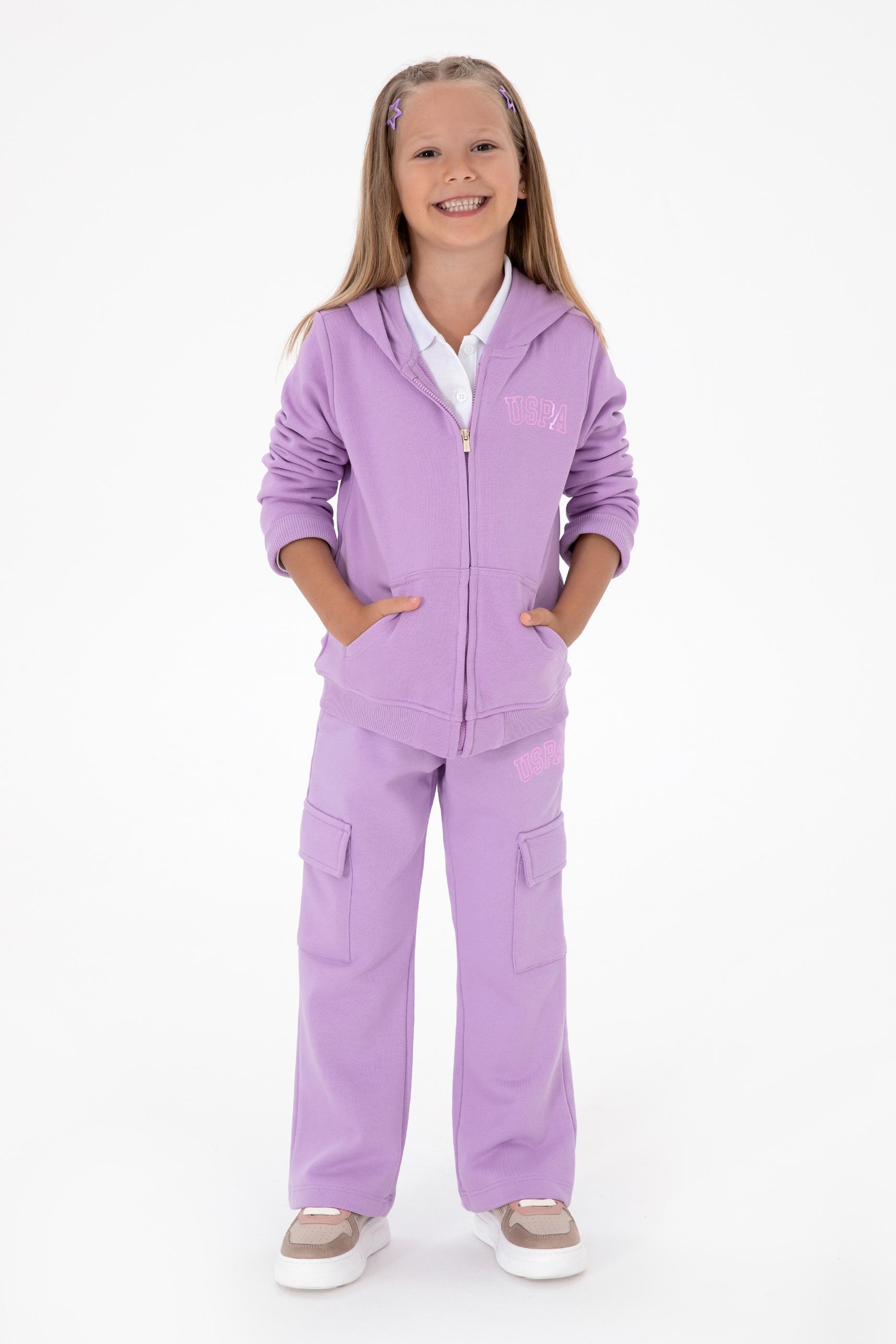 Kız Çocuk Lila Kapüşonlu Fermuarlı Basic Sweatshirt