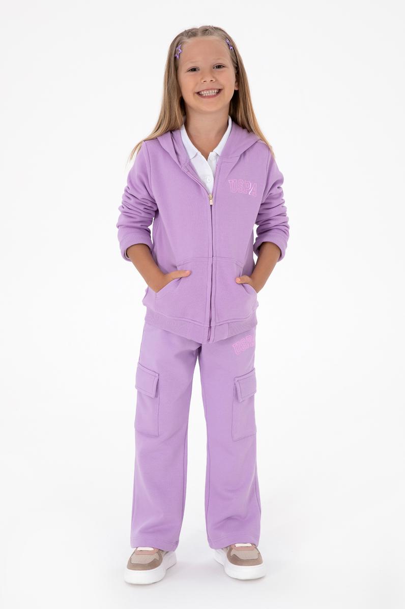Kız Çocuk Lila Kapüşonlu Fermuarlı Basic Sweatshirt