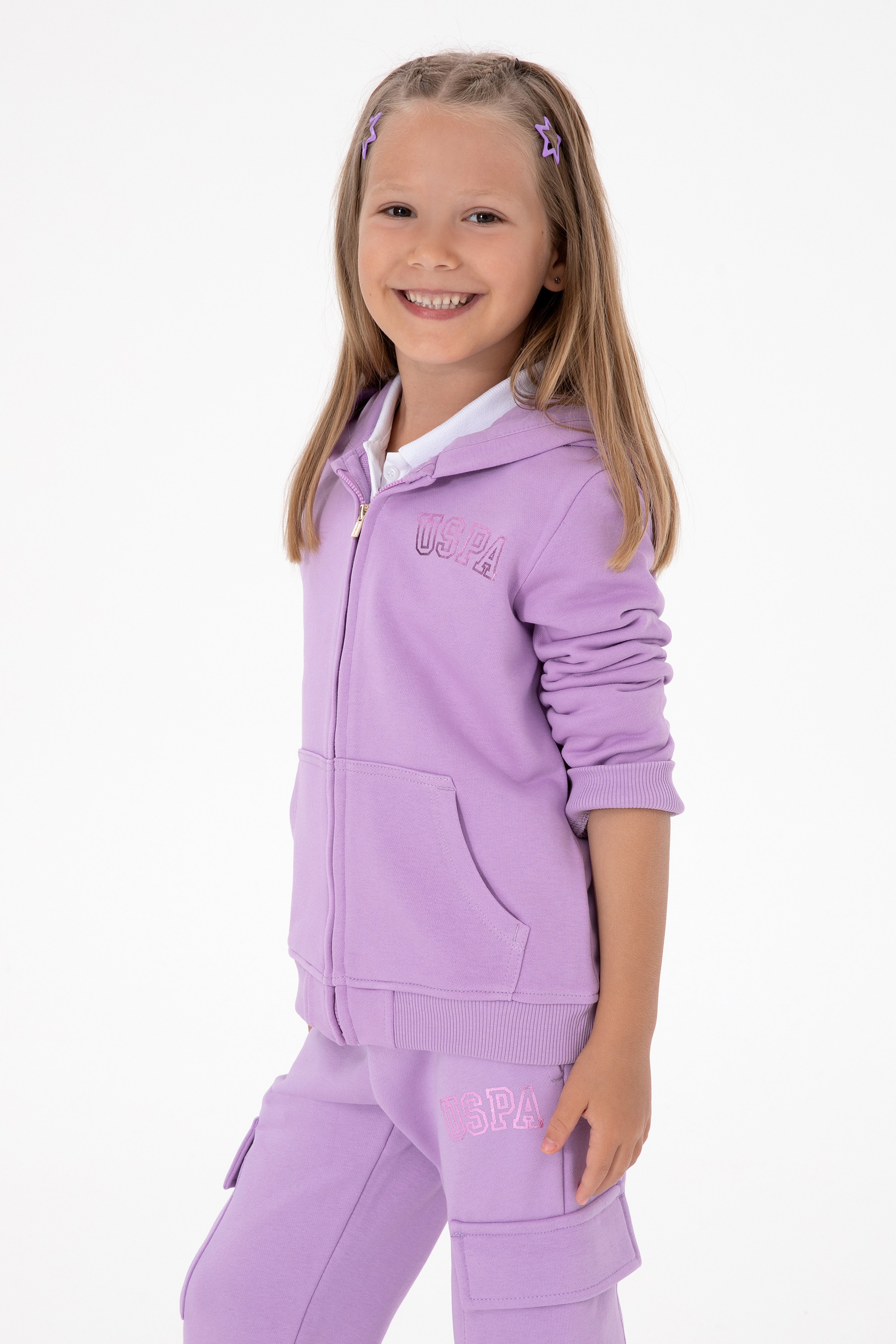 Kız Çocuk Lila Kapüşonlu Fermuarlı Basic Sweatshirt - Image 1