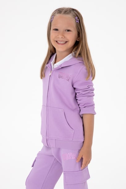 Kız Çocuk Lila Kapüşonlu Fermuarlı Basic Sweatshirt
