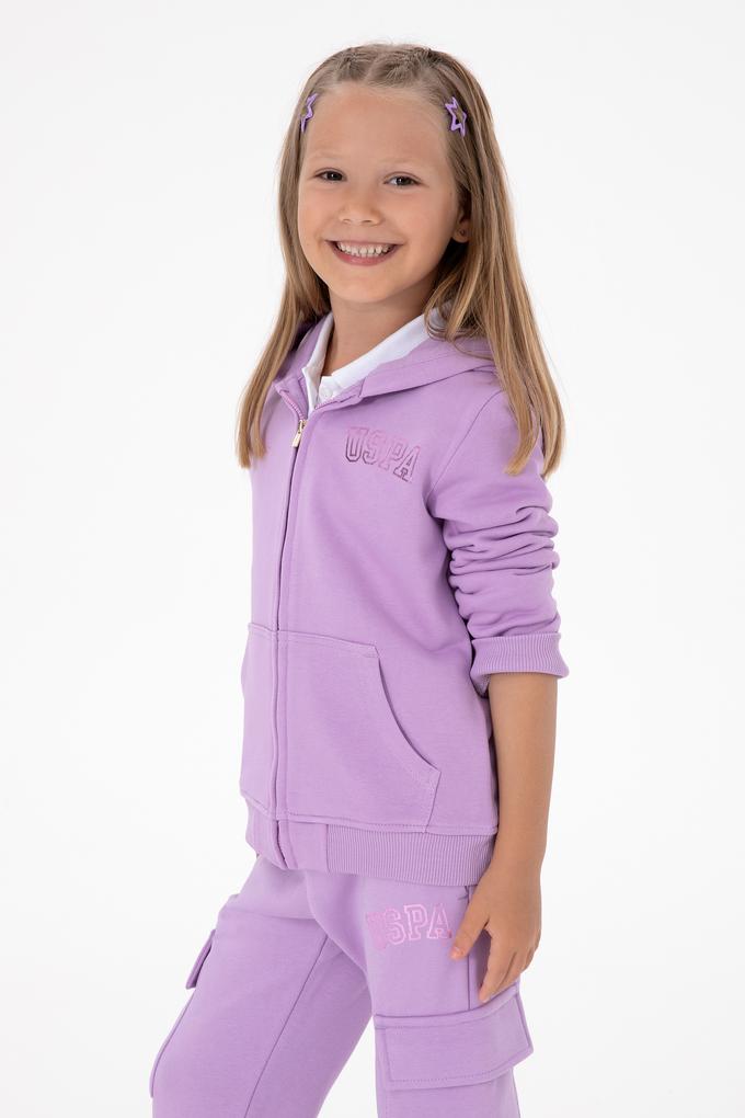 Kız Çocuk Lila Kapüşonlu Fermuarlı Basic Sweatshirt