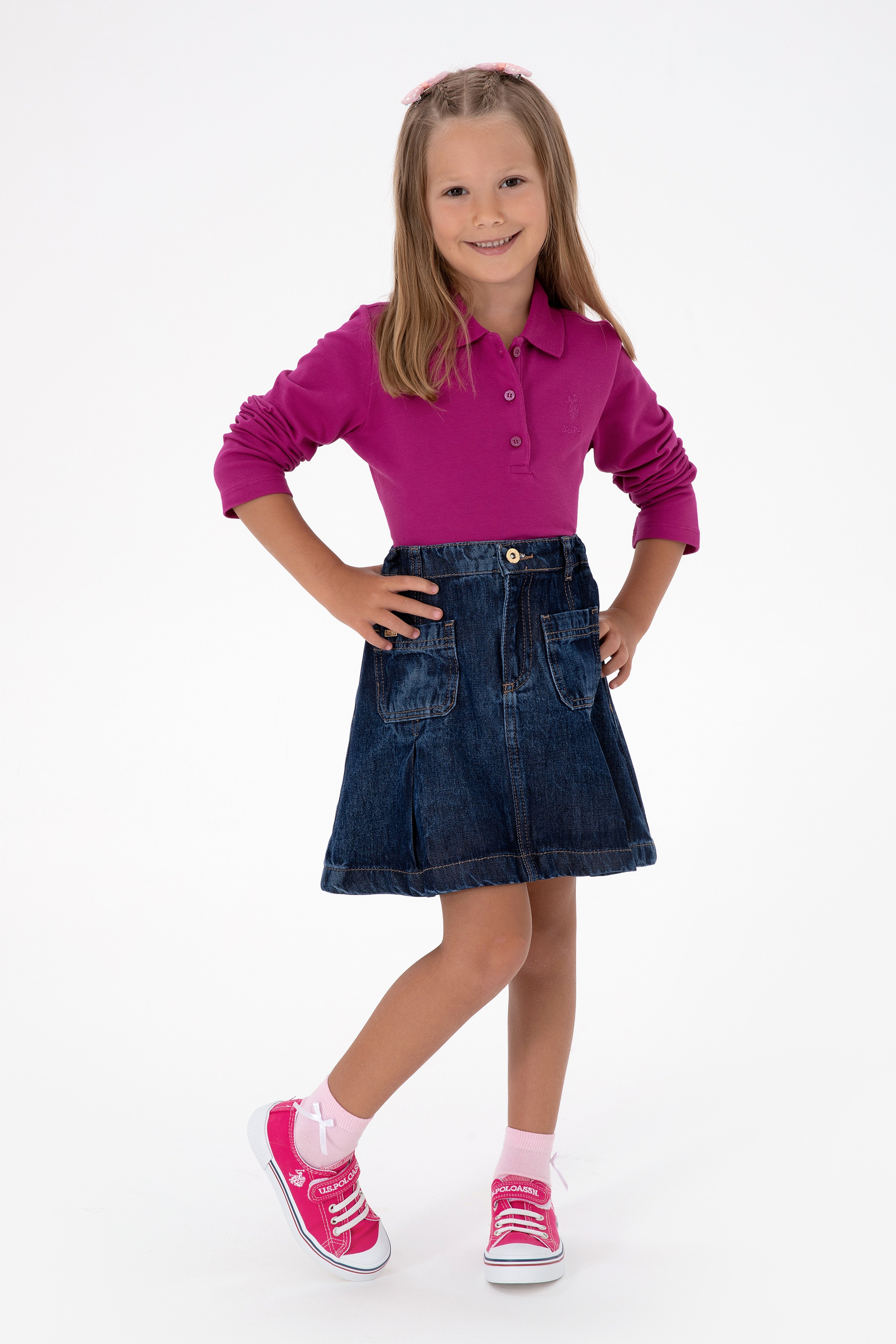 Kız Çocuk Fuşya Polo Yaka Basic Sweatshirt