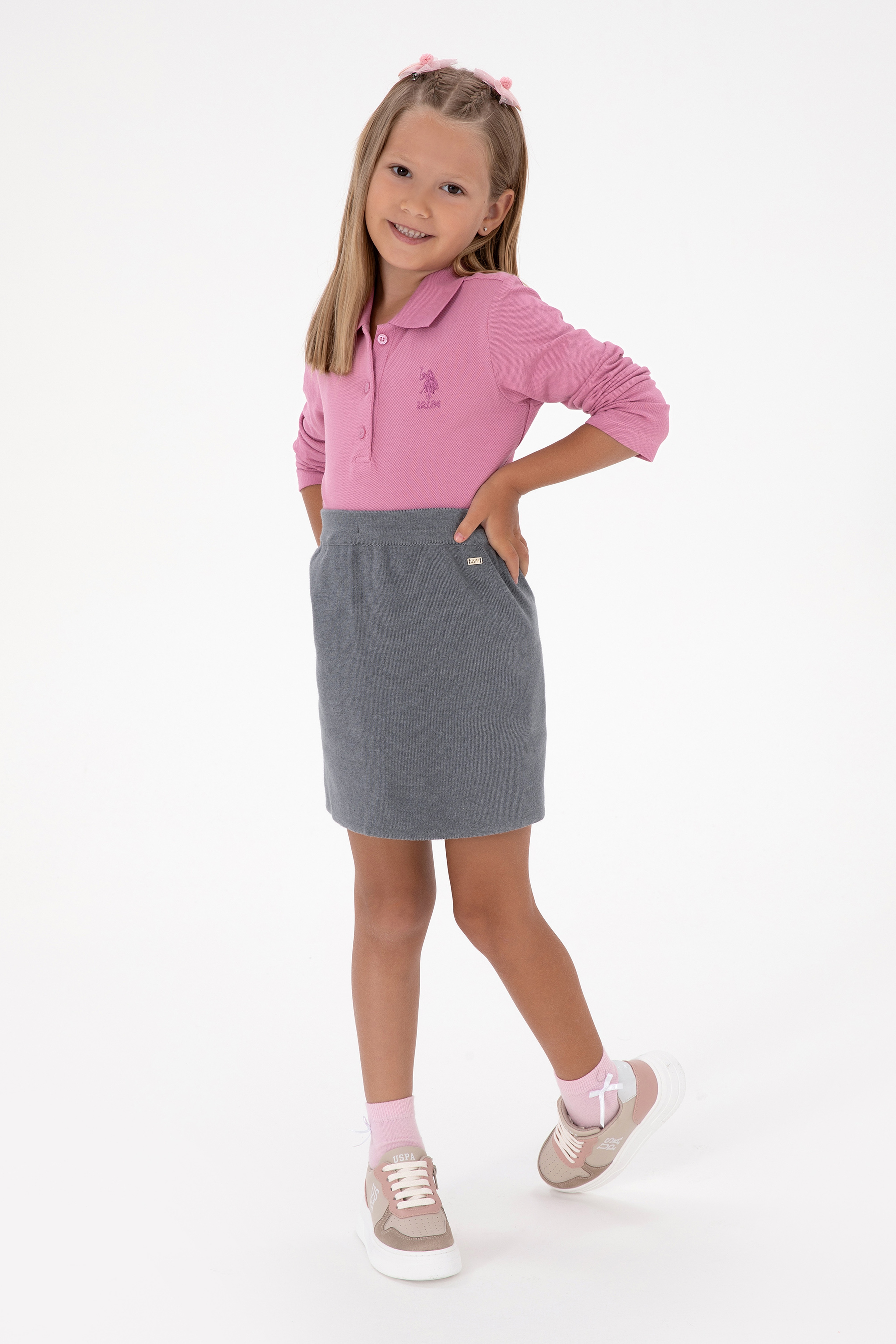 Kız Çocuk Pembe Polo Yaka Basic Sweatshirt - Image 2