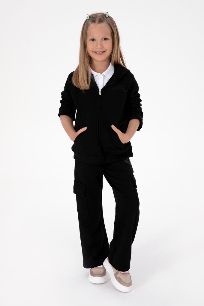 Kız Çocuk Siyah Cep Detaylı Parlak Baskılı Eşofman Altı