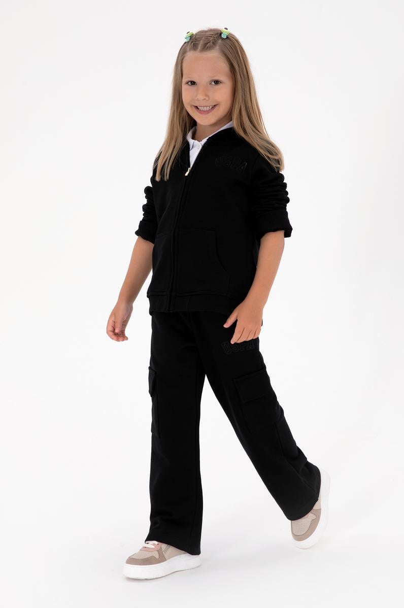 Kız Çocuk Siyah Cep Detaylı Parlak Baskılı Eşofman Altı