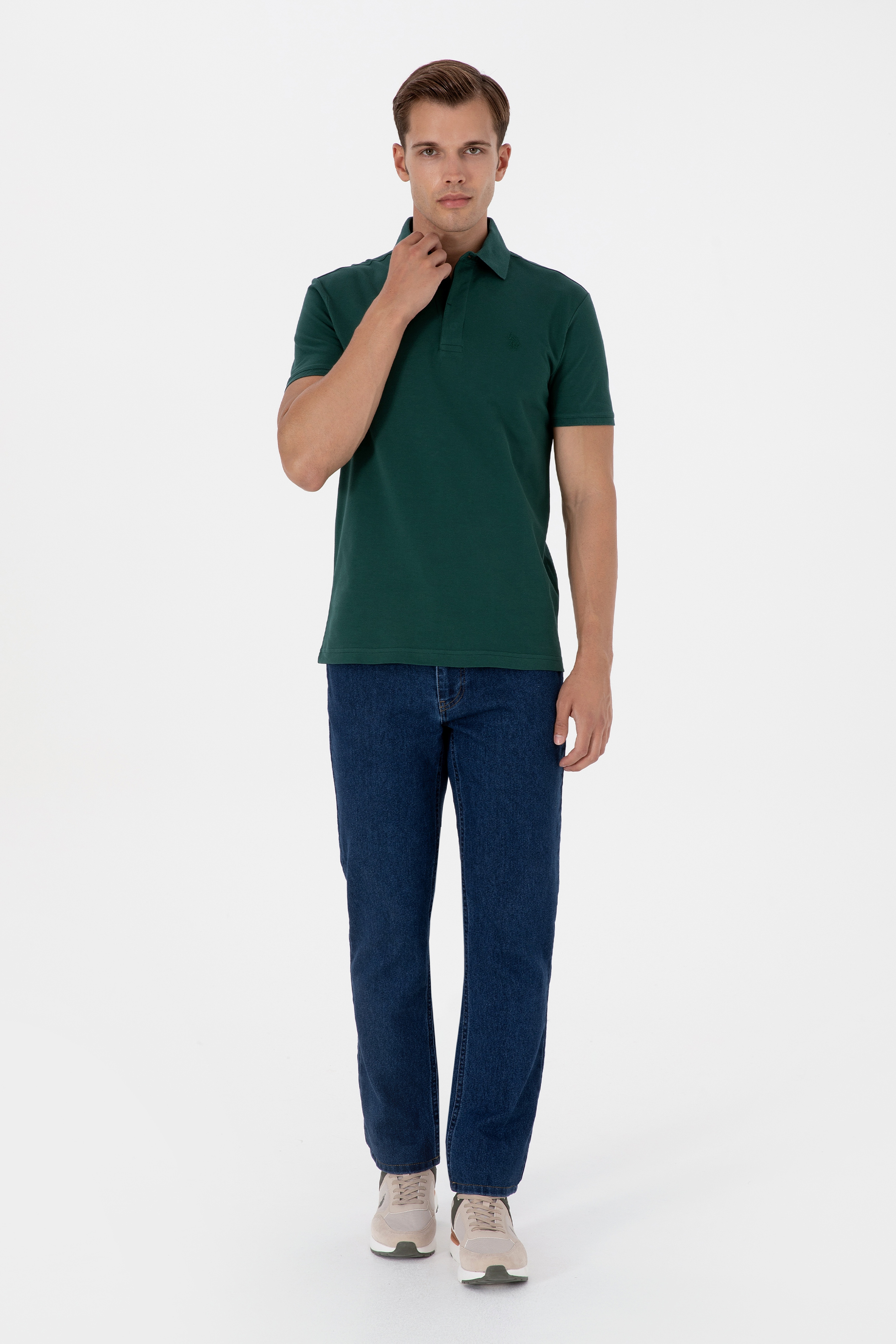 Erkek Slim Fit Polo Yaka Koyu Yeşil Basic Tişört