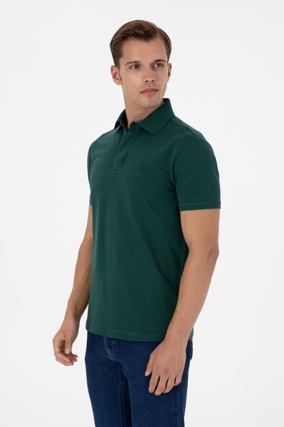 Erkek Slim Fit Polo Yaka Koyu Yeşil Basic Tişört