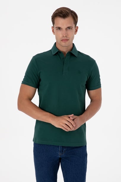 Erkek Slim Fit Polo Yaka Koyu Yeşil Basic Tişört