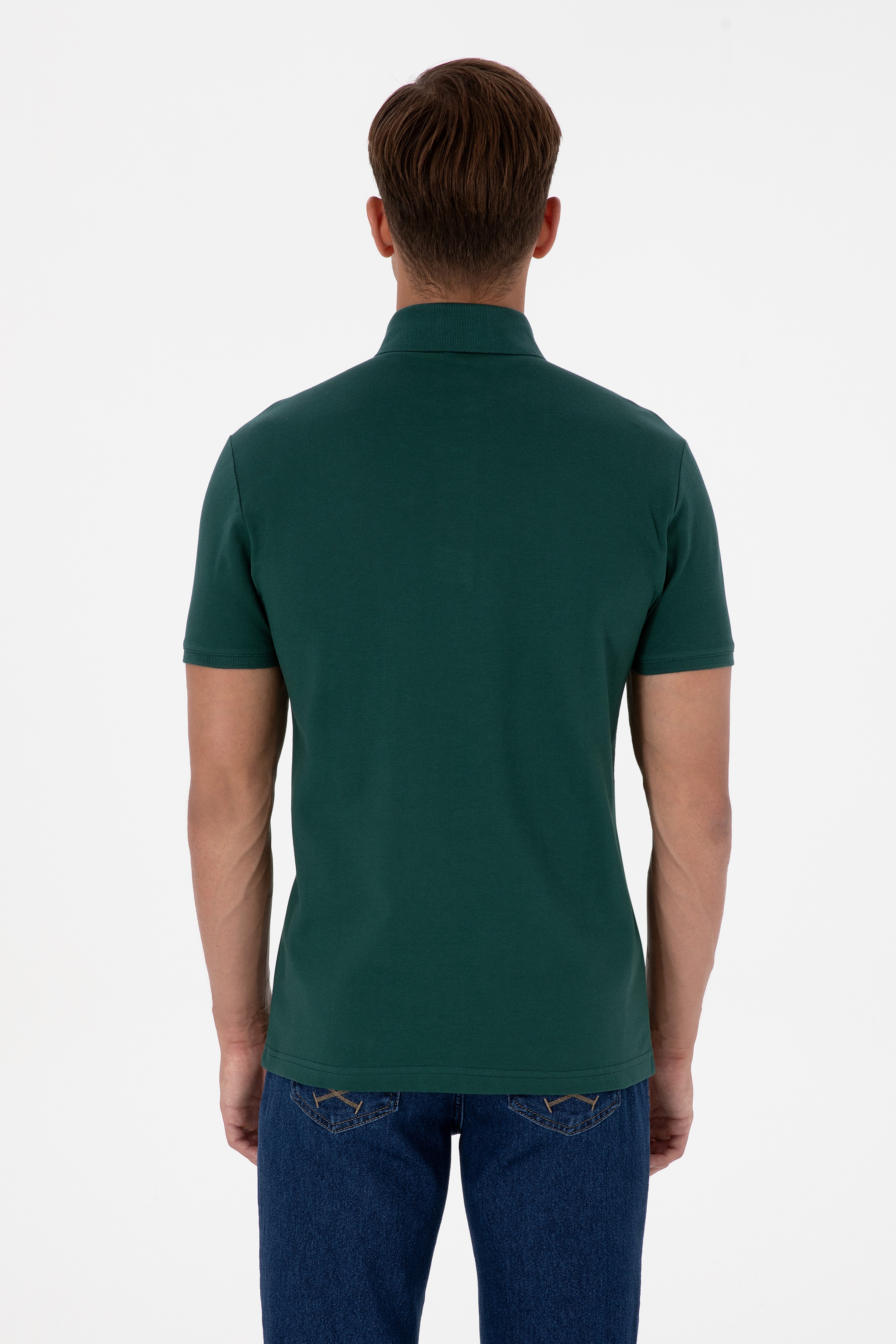 Erkek Slim Fit Polo Yaka Koyu Yeşil Basic Tişört - Image 5