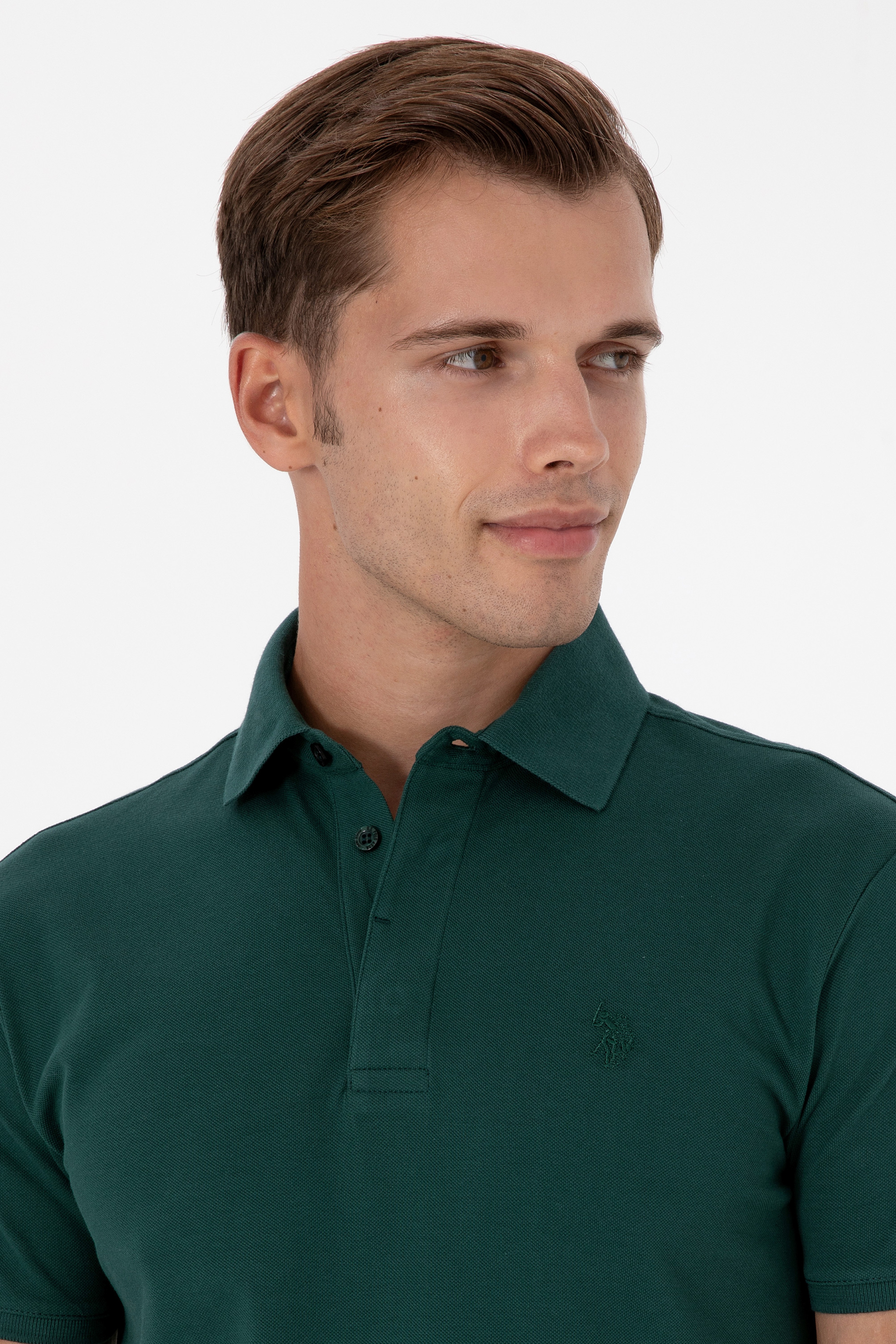 Erkek Slim Fit Polo Yaka Koyu Yeşil Basic Tişört - Image 2
