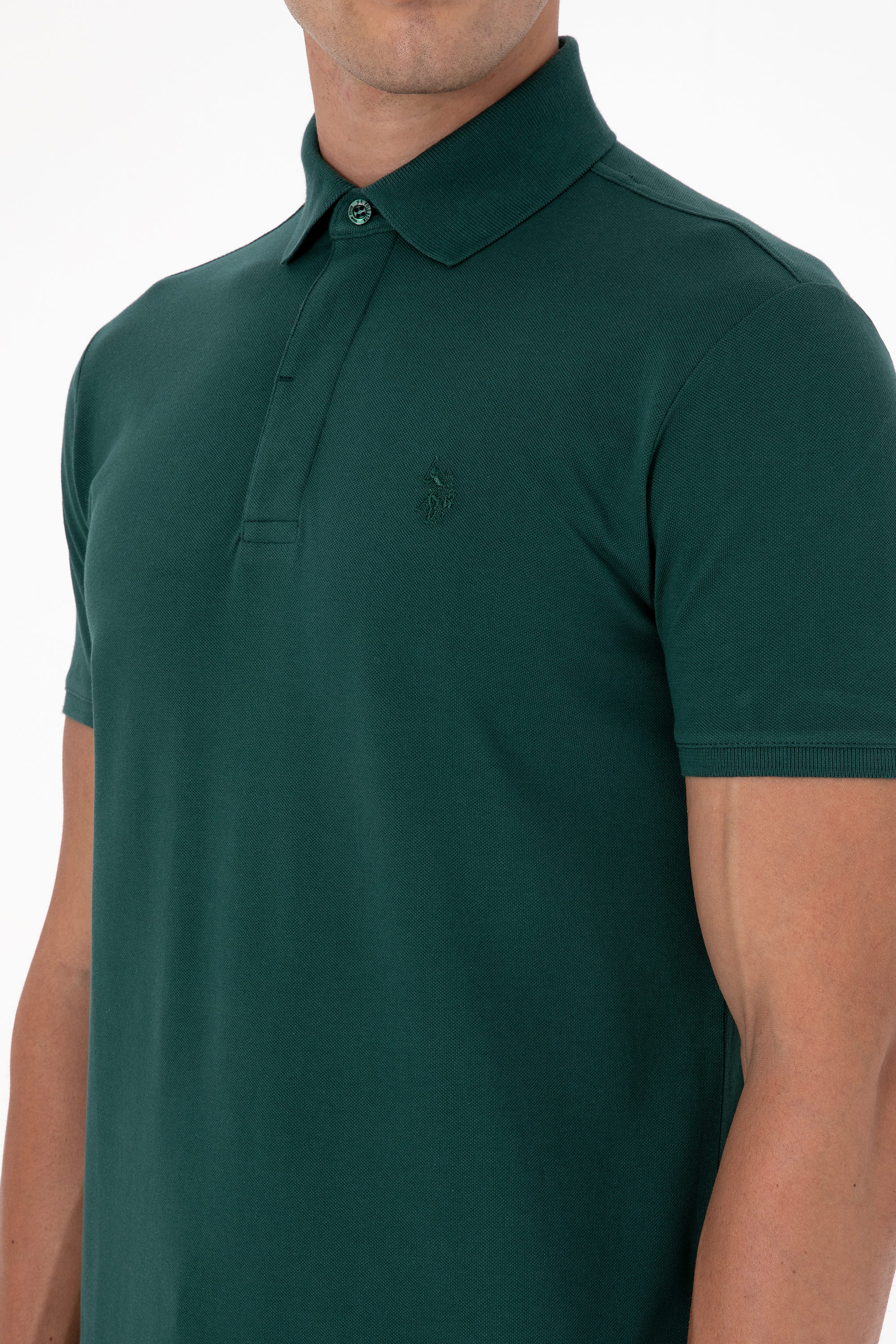 Erkek Slim Fit Polo Yaka Koyu Yeşil Basic Tişört - Image 7