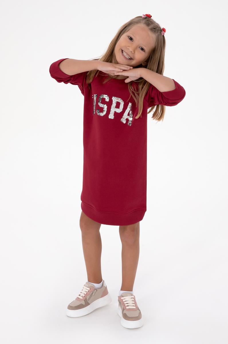 Kız Çocuk Koyu Frambuaz Payet Detaylı Bisiklet Yaka Sweat Örme Elbise