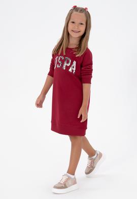 Kız Çocuk Koyu Frambuaz Payet Detaylı Bisiklet Yaka Sweat Örme Elbise - 50314313024