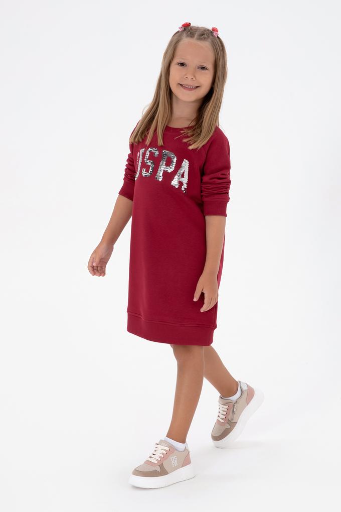 Kız Çocuk Koyu Frambuaz Payet Detaylı Bisiklet Yaka Sweat Örme Elbise