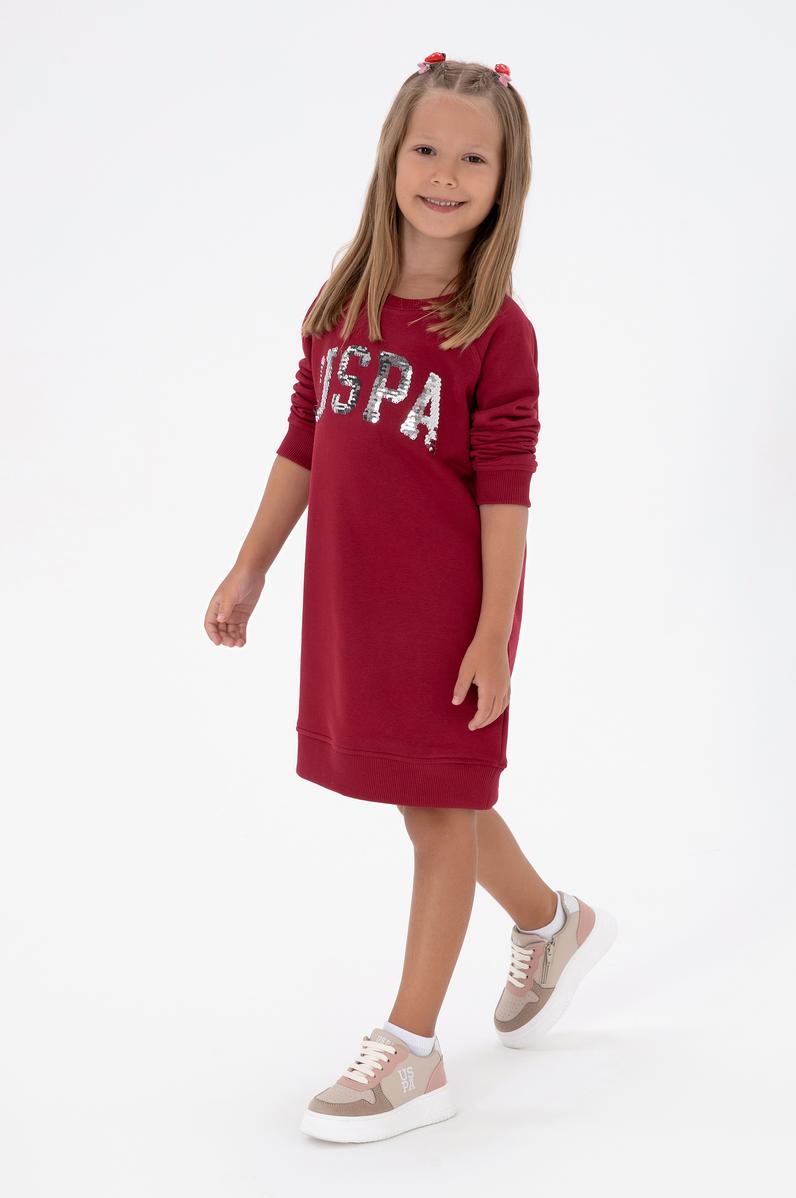 Kız Çocuk Koyu Frambuaz Payet Detaylı Bisiklet Yaka Sweat Örme Elbise