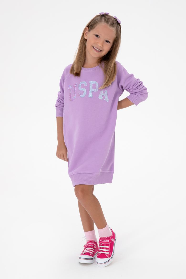 Kız Çocuk Lila Payet Detaylı Bisiklet Yaka Sweat Örme Elbise