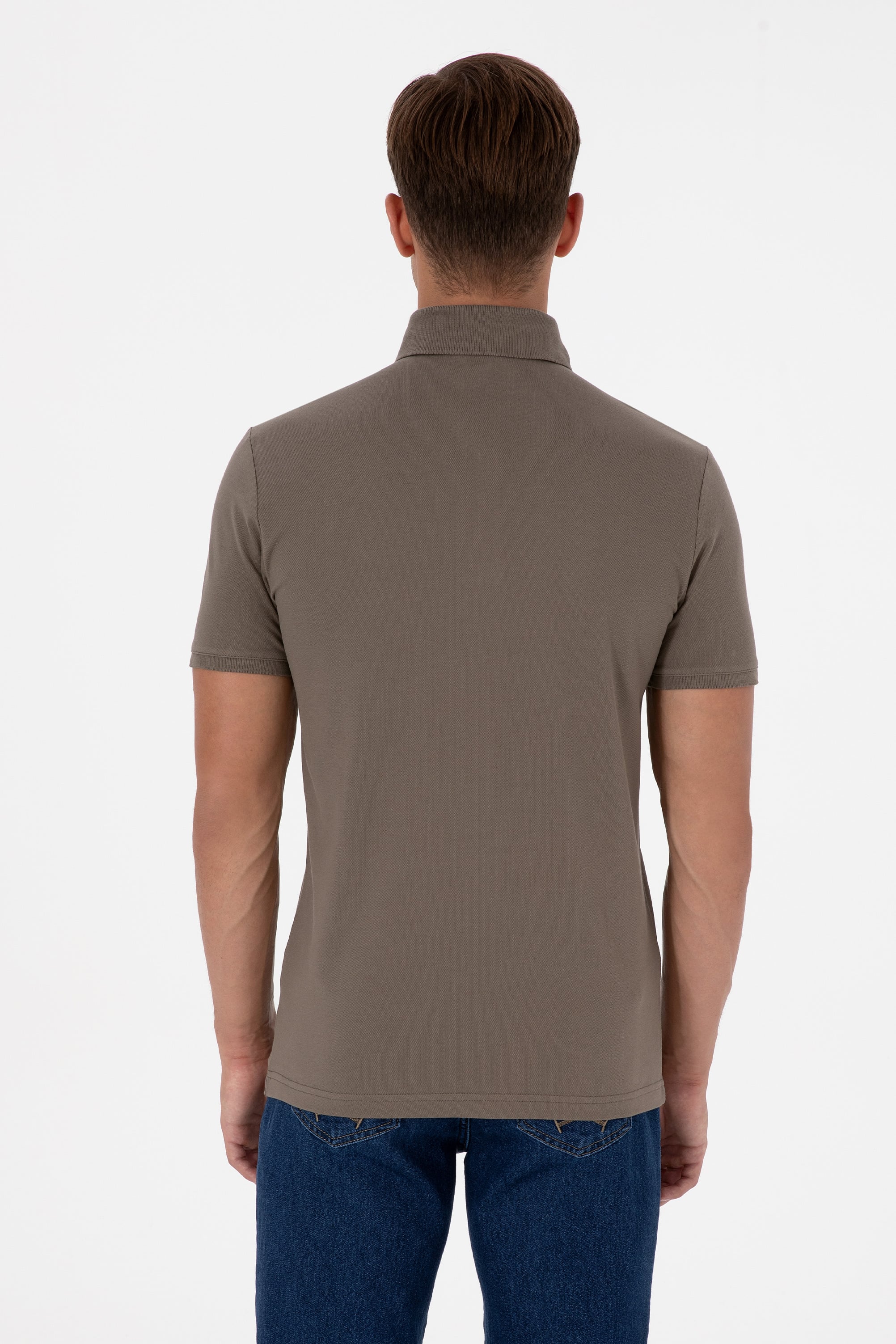 Erkek Slim Fit Polo Yaka Vizon Basic Tişört - Image 5