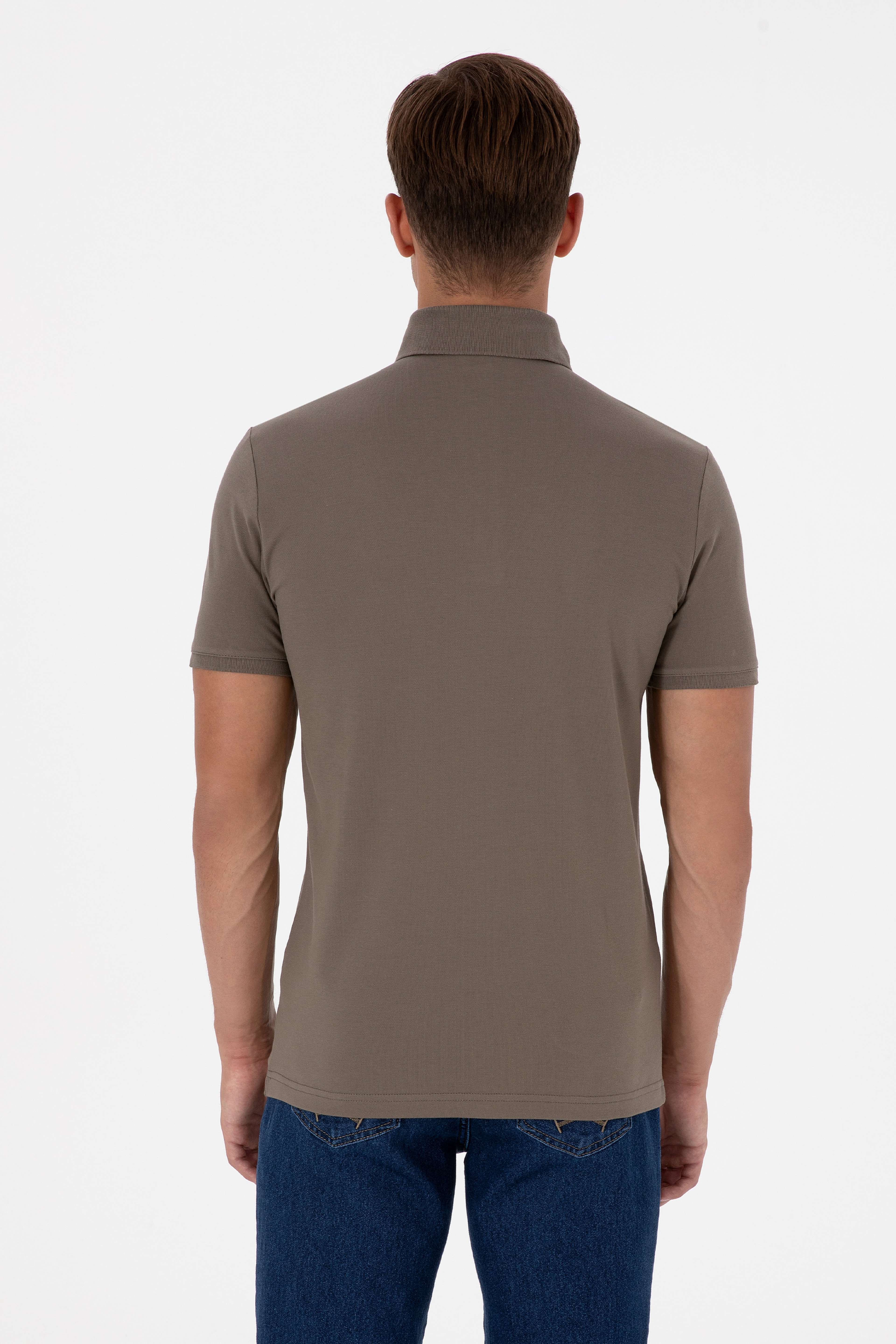 Erkek Slim Fit Polo Yaka Vizon Basic Tişört