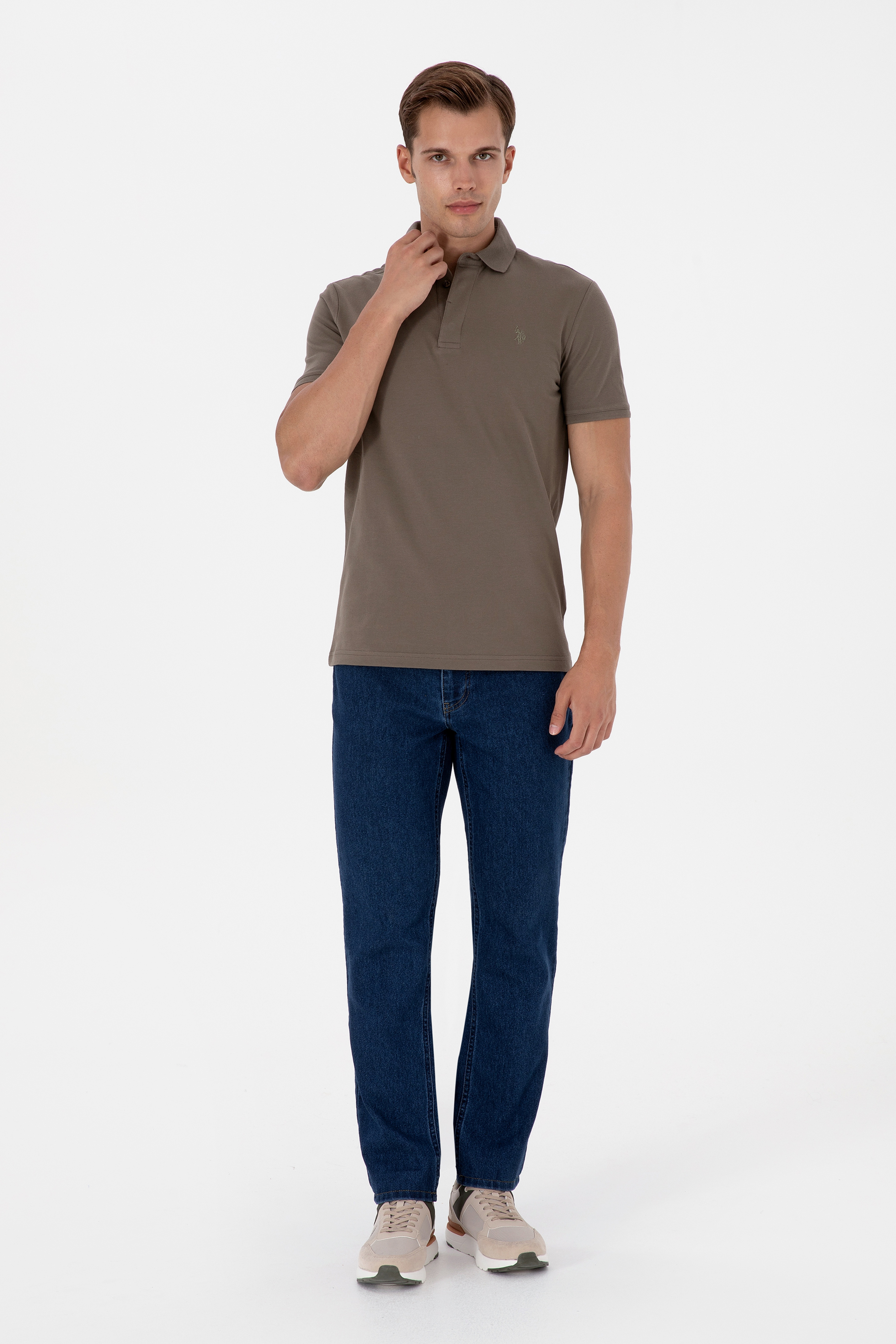 Erkek Slim Fit Polo Yaka Vizon Basic Tişört