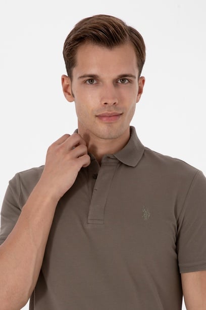 Erkek Slim Fit Polo Yaka Vizon Basic Tişört