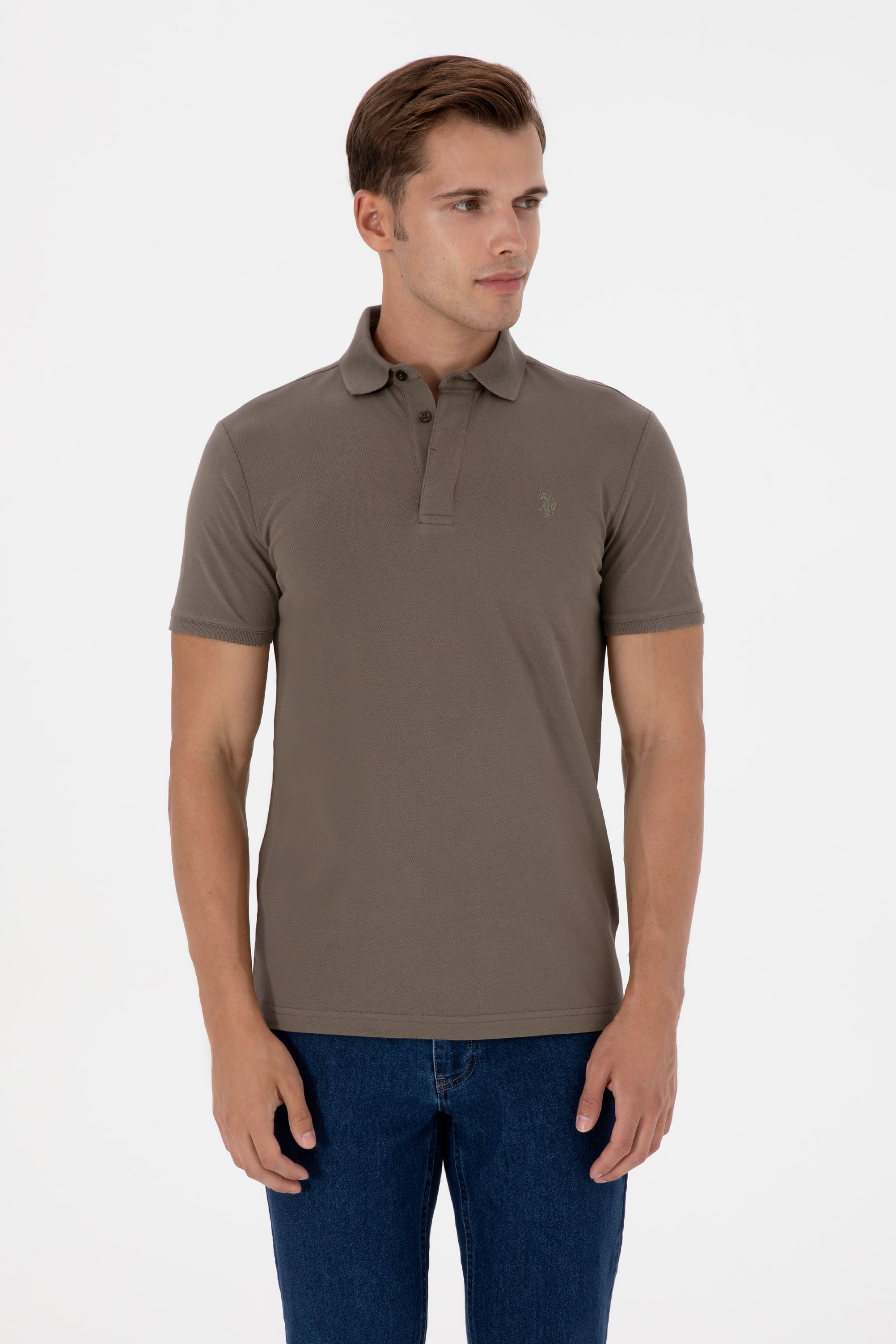 Erkek Slim Fit Polo Yaka Vizon Basic Tişört - Image 3