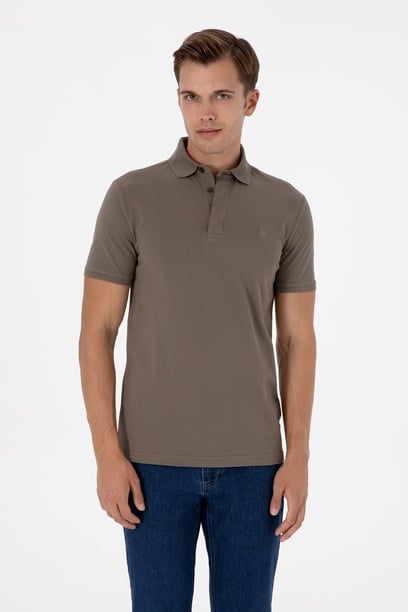 Erkek Slim Fit Polo Yaka Vizon Basic Tişört