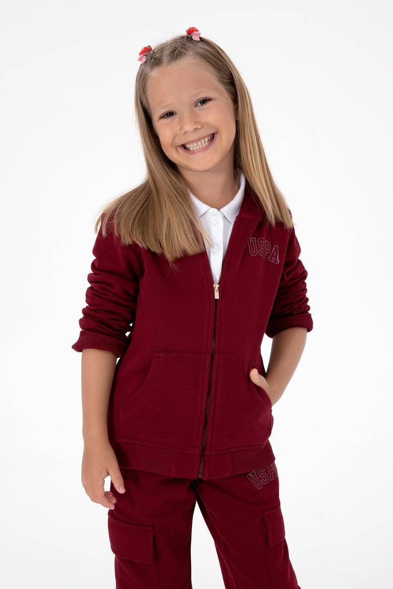 Kız Çocuk Bordo Kapüşonlu Fermuarlı Basic Sweatshirt