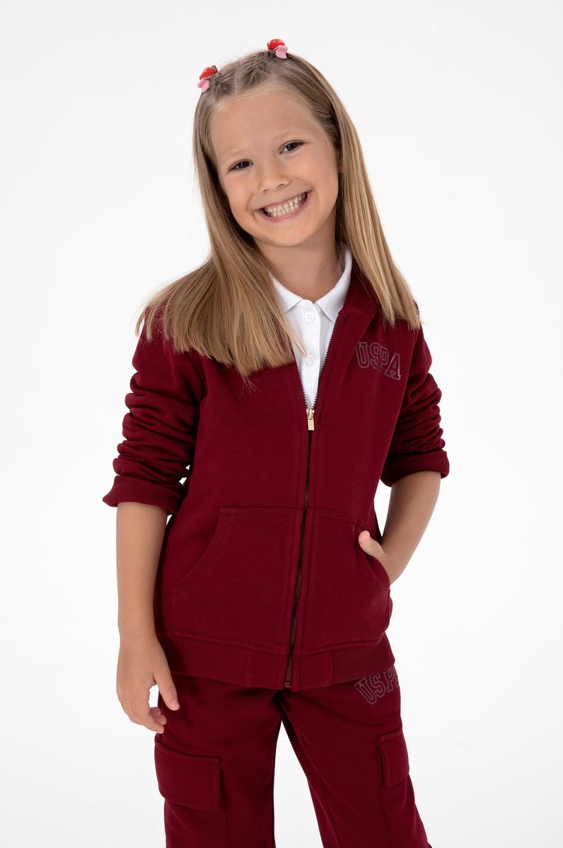 Kız Çocuk Bordo Kapüşonlu Fermuarlı Basic Sweatshirt