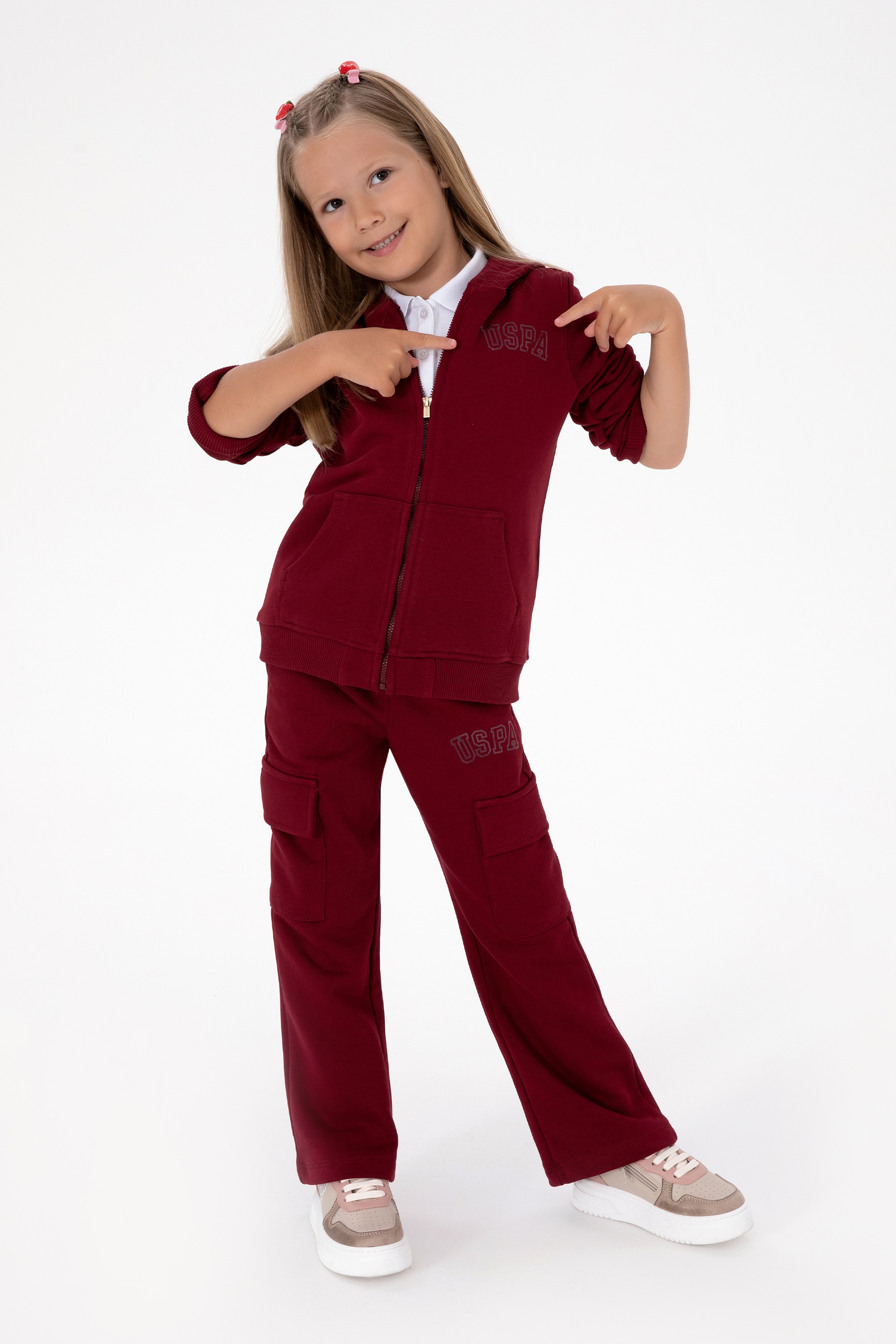 Kız Çocuk Bordo Kapüşonlu Fermuarlı Basic Sweatshirt