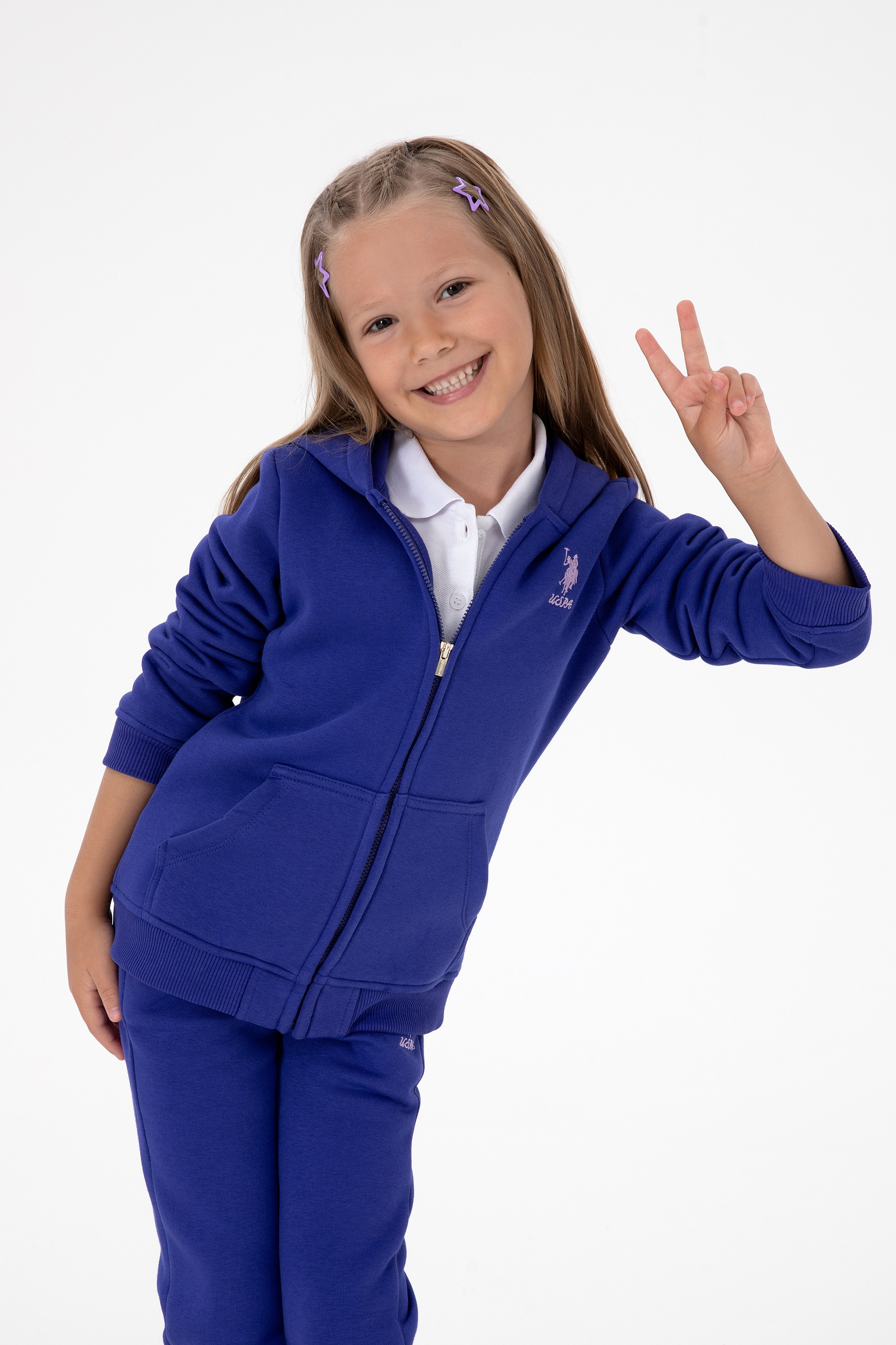 Kız Çocuk Mor Kapüşonlu Fermuarlı Şardonlu Basic Sweatshirt