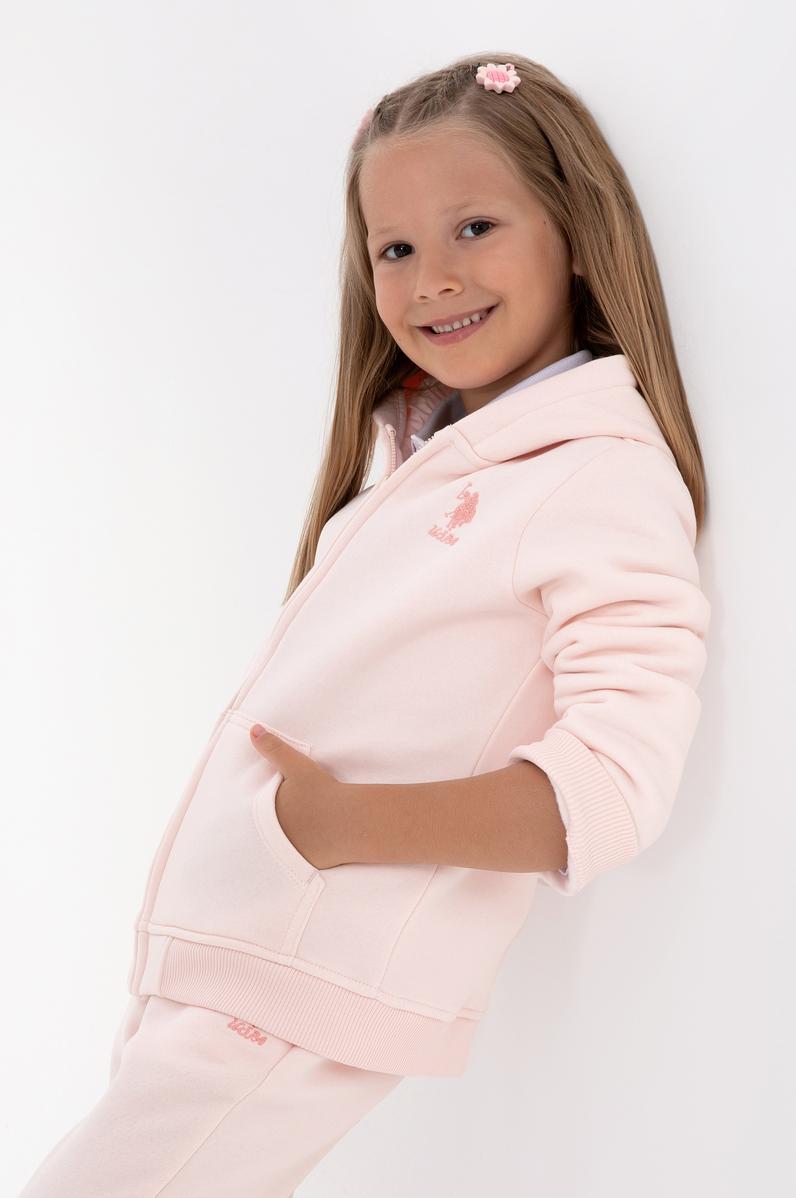 Kız Çocuk Açık Pembe Kapüşonlu Fermuarlı Şardonlu Basic Sweatshirt