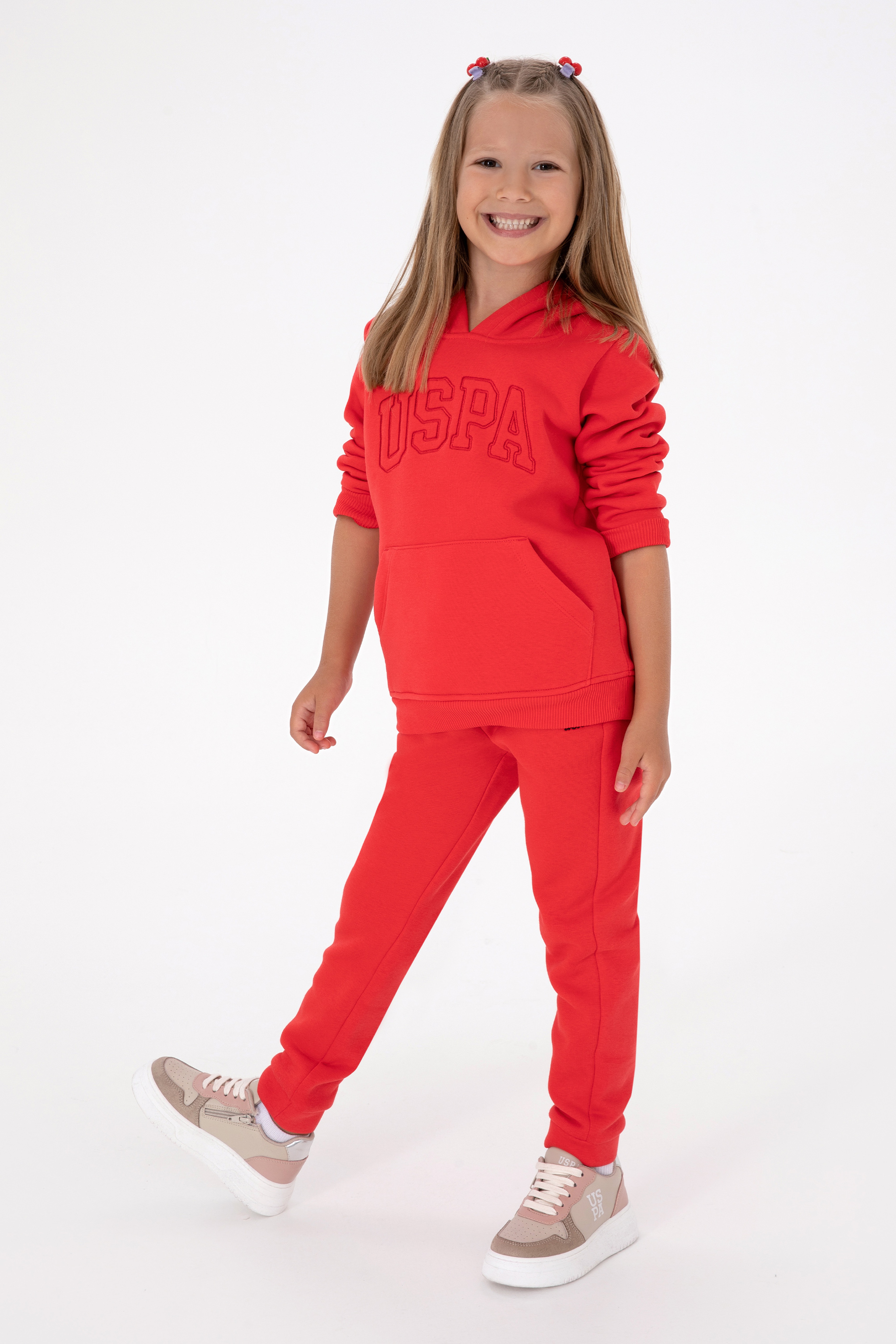 Kız Çocuk Kırmızı Kapüşonlu Şardonlu Basic Sweatshirt - Image 2