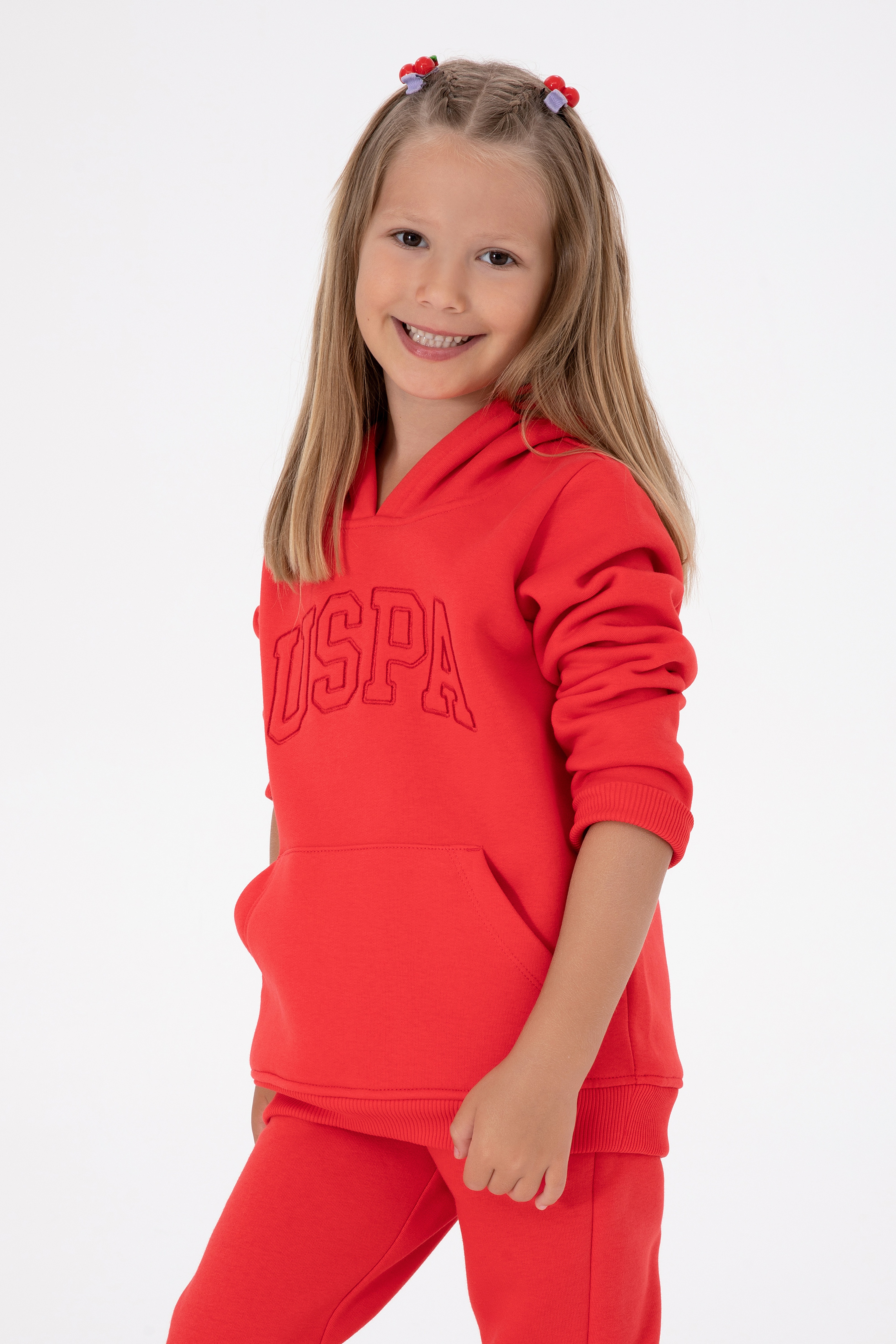 Kız Çocuk Kırmızı Kapüşonlu Şardonlu Basic Sweatshirt - Image 1