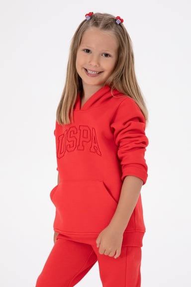 Kız Çocuk Kırmızı Kapüşonlu Şardonlu Basic Sweatshirt