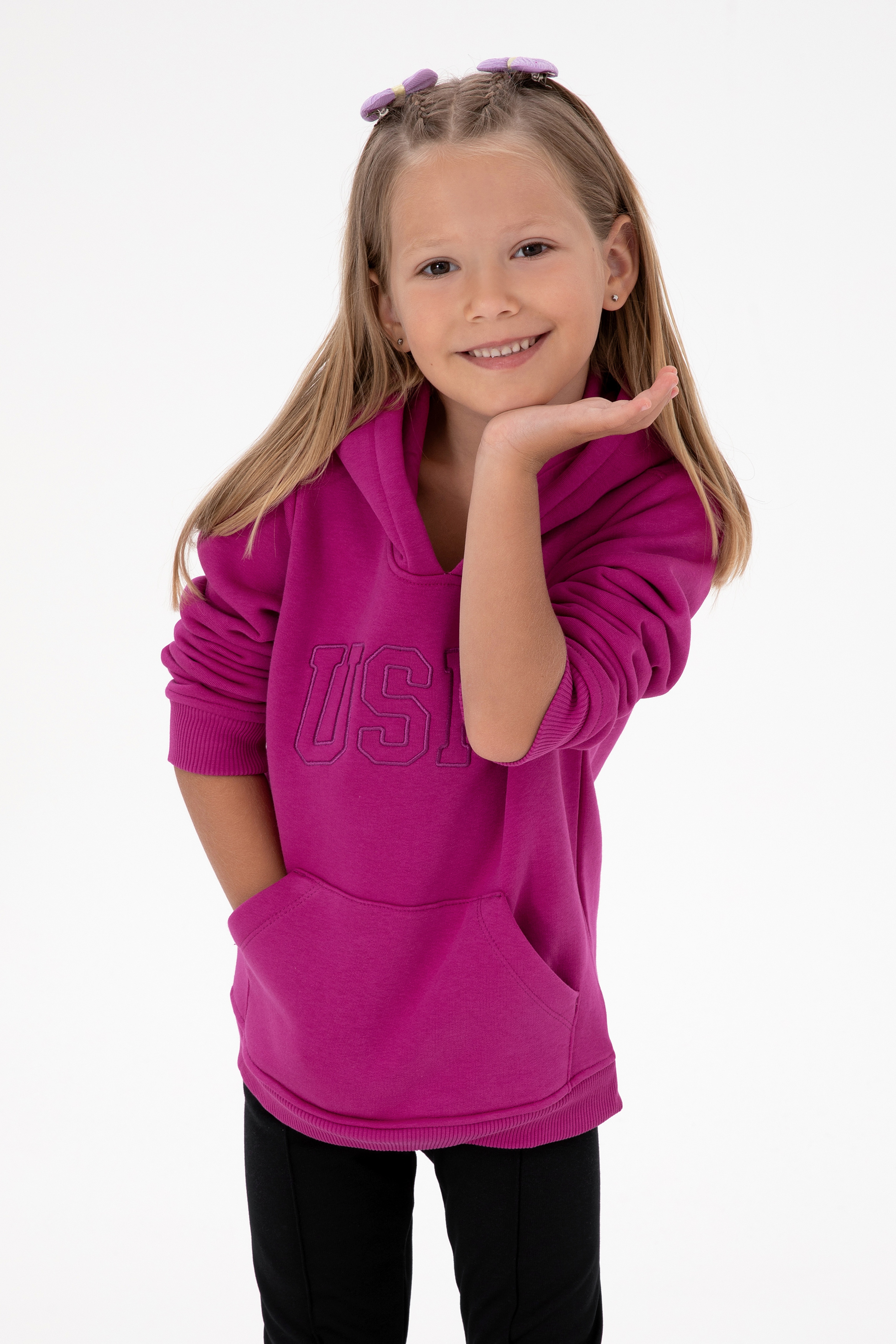 Kız Çocuk Fuşya Kapüşonlu Şardonlu Basic Sweatshirt - Image 2