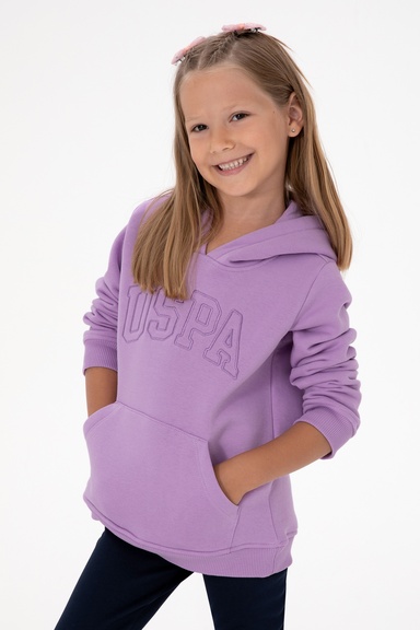 Kız Çocuk Lila Basic Kapüşonlu Şardonlu Basic Sweatshirt