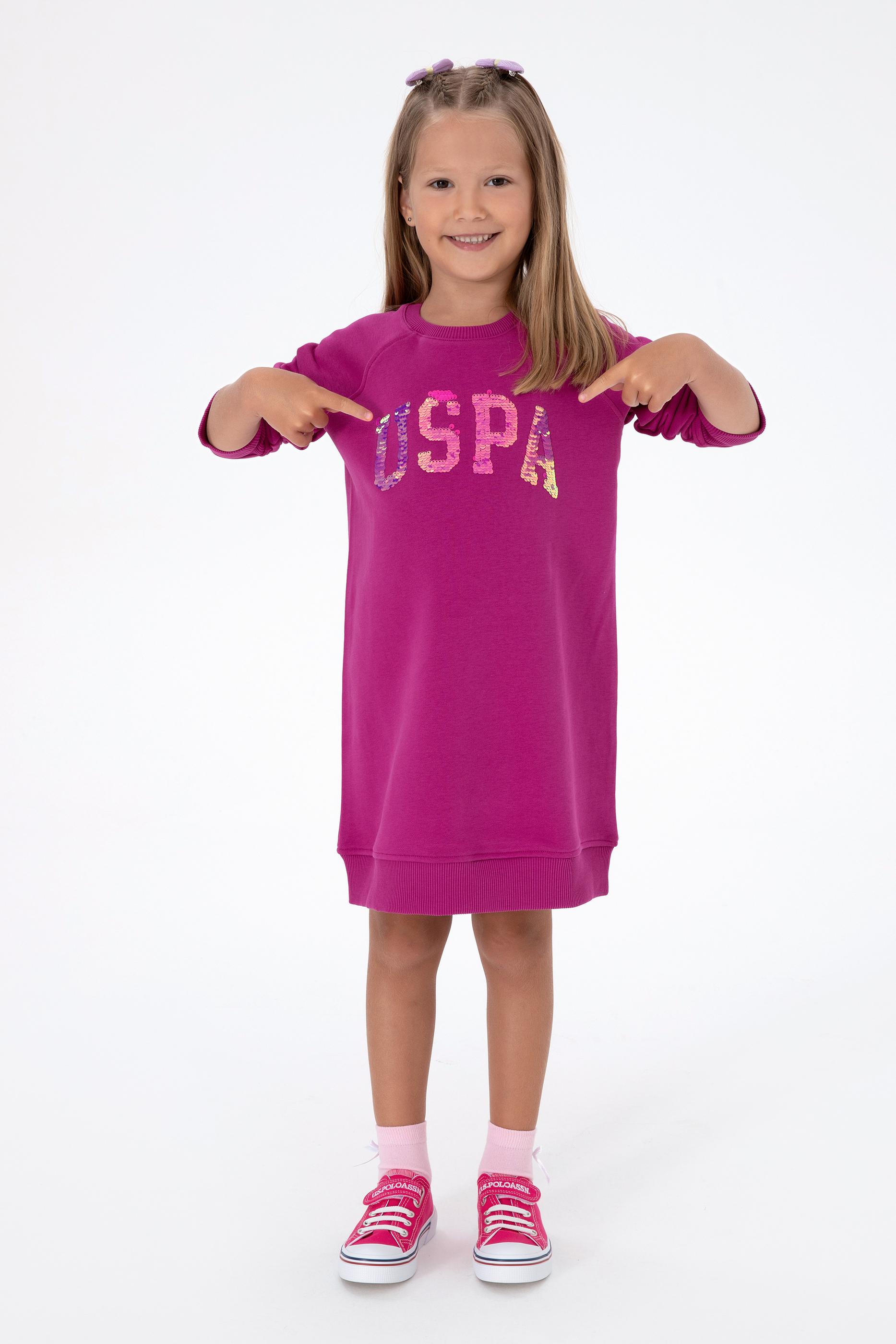Kız Çocuk Fuşya Payet Detaylı Bisiklet Yaka Sweat Örme Elbise