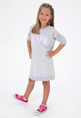 Kız Çocuk Açık Gri Melanj Payet Detaylı Bisiklet Yaka Sweat Örme Elbise - 50314313058