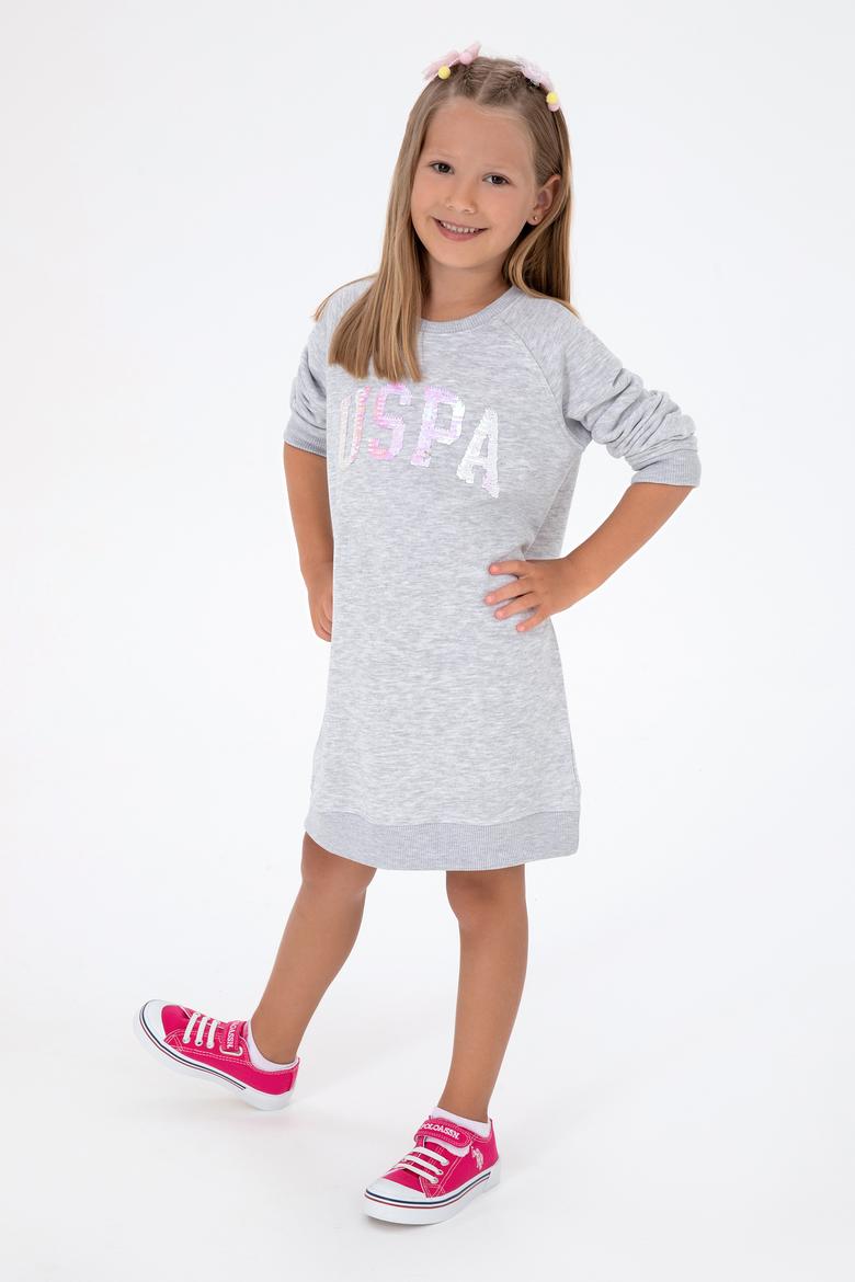 Kız Çocuk Açık Gri Melanj Payet Detaylı Bisiklet Yaka Sweat Örme Elbise