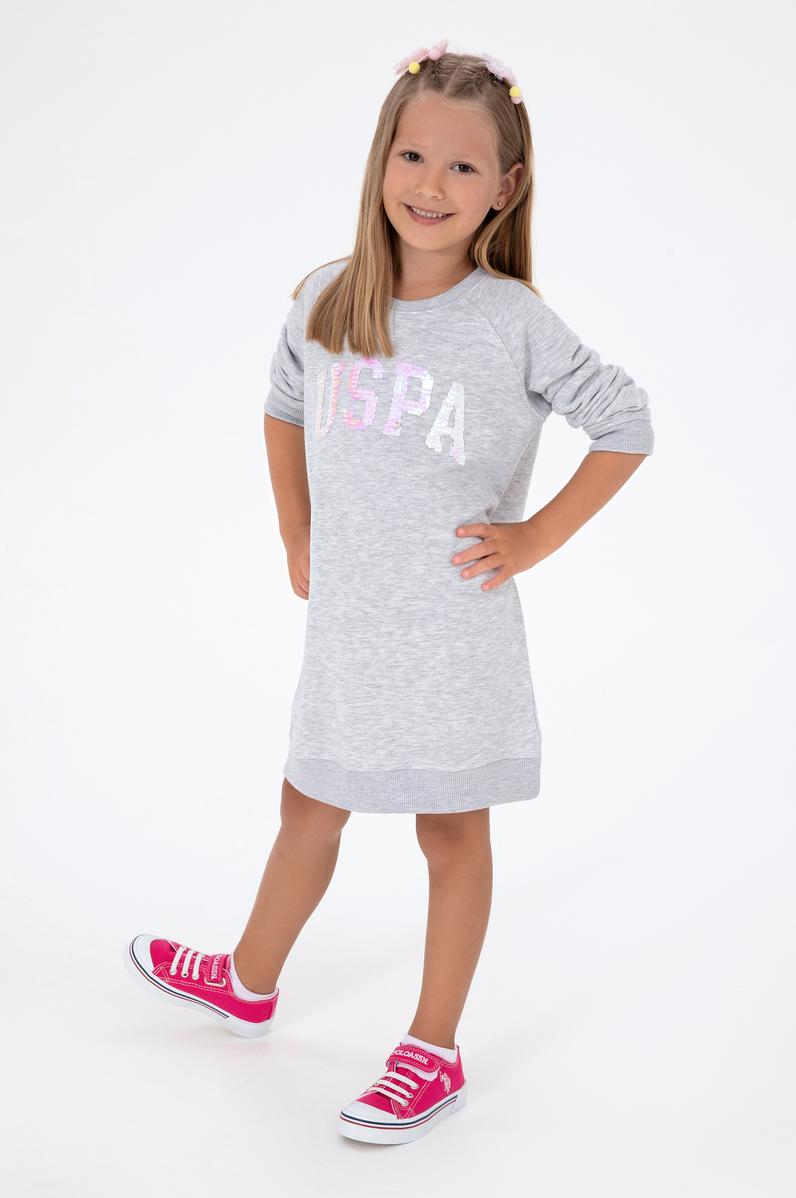 Kız Çocuk Açık Gri Melanj Payet Detaylı Bisiklet Yaka Sweat Örme Elbise