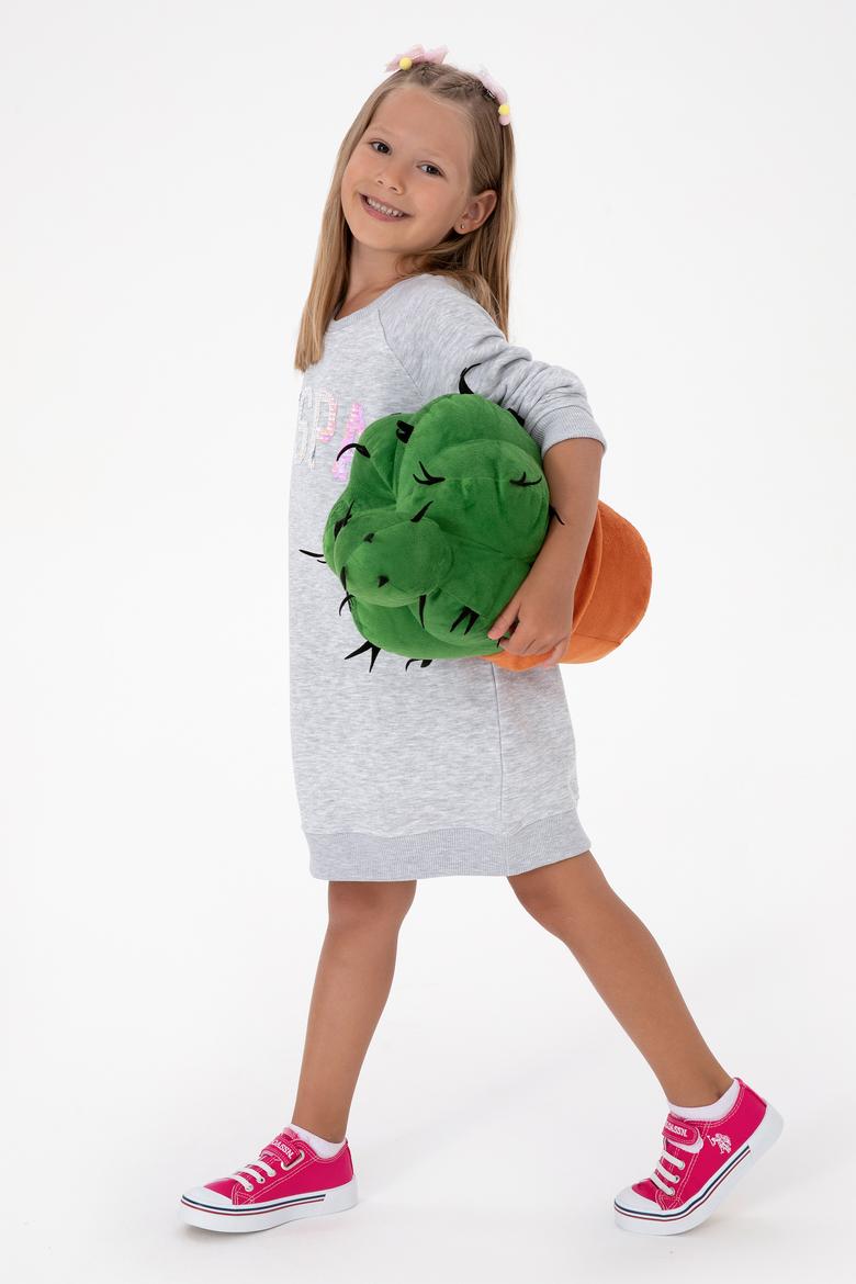 Kız Çocuk Açık Gri Melanj Payet Detaylı Bisiklet Yaka Sweat Örme Elbise - 50314313058