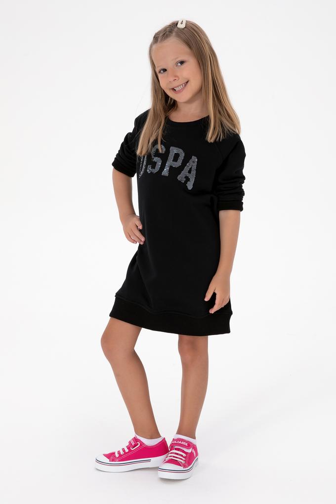 Kız Çocuk Siyah Payet Detaylı Bisiklet Yaka Sweat Örme Elbise