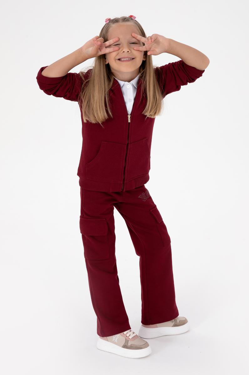 Kız Çocuk Bordo Cep Detaylı Parlak Baskılı Eşofman Altı