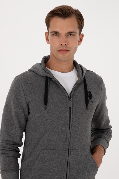 Erkek Regular Fit Regular Fit Fermuarlı Kapüşonlu Antrasit Melanj Örme Hırka