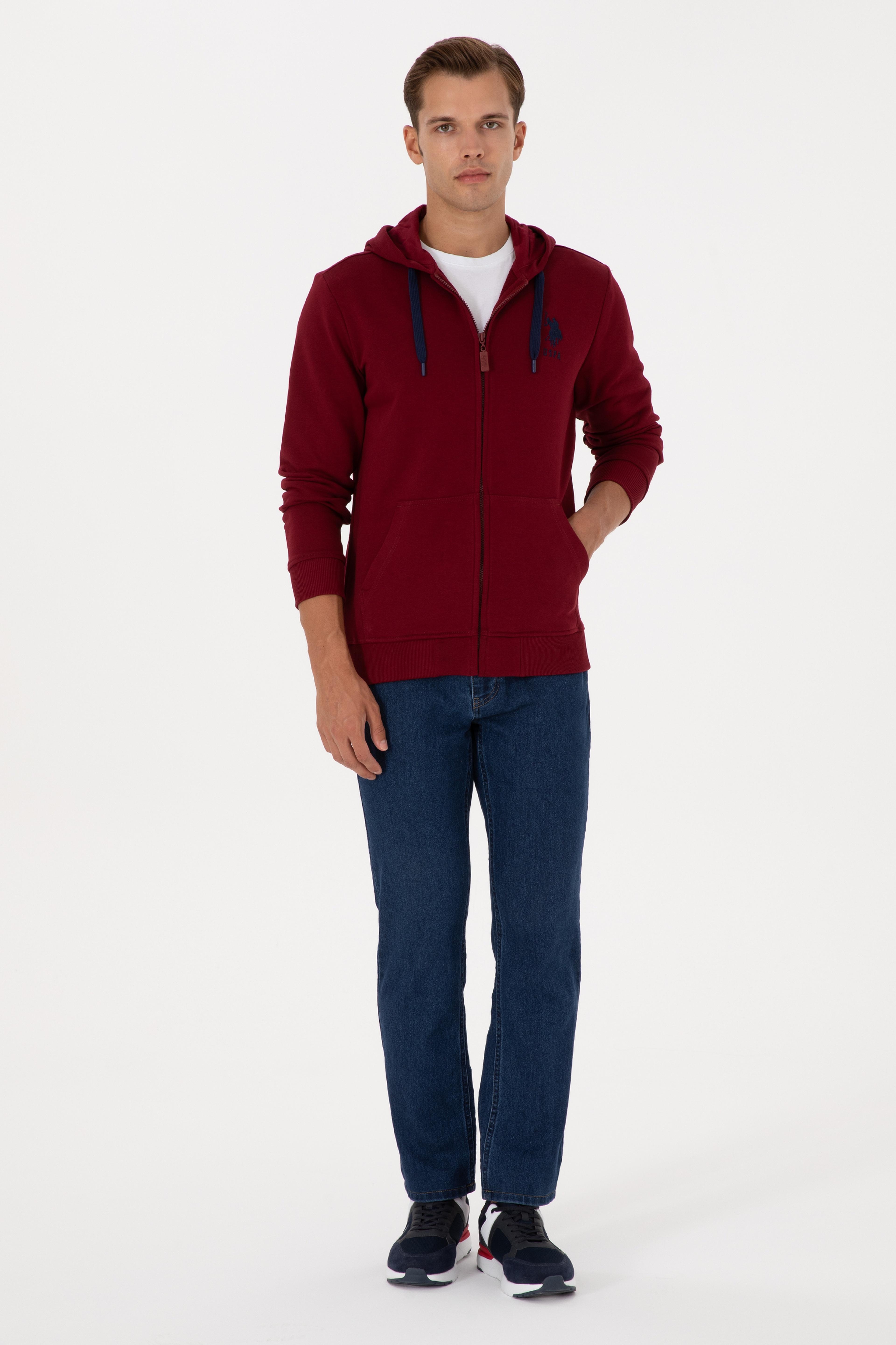 Erkek Regular Fit Regular Fit Fermuarlı Kapüşonlu Bordo Örme Hırka - Image 4