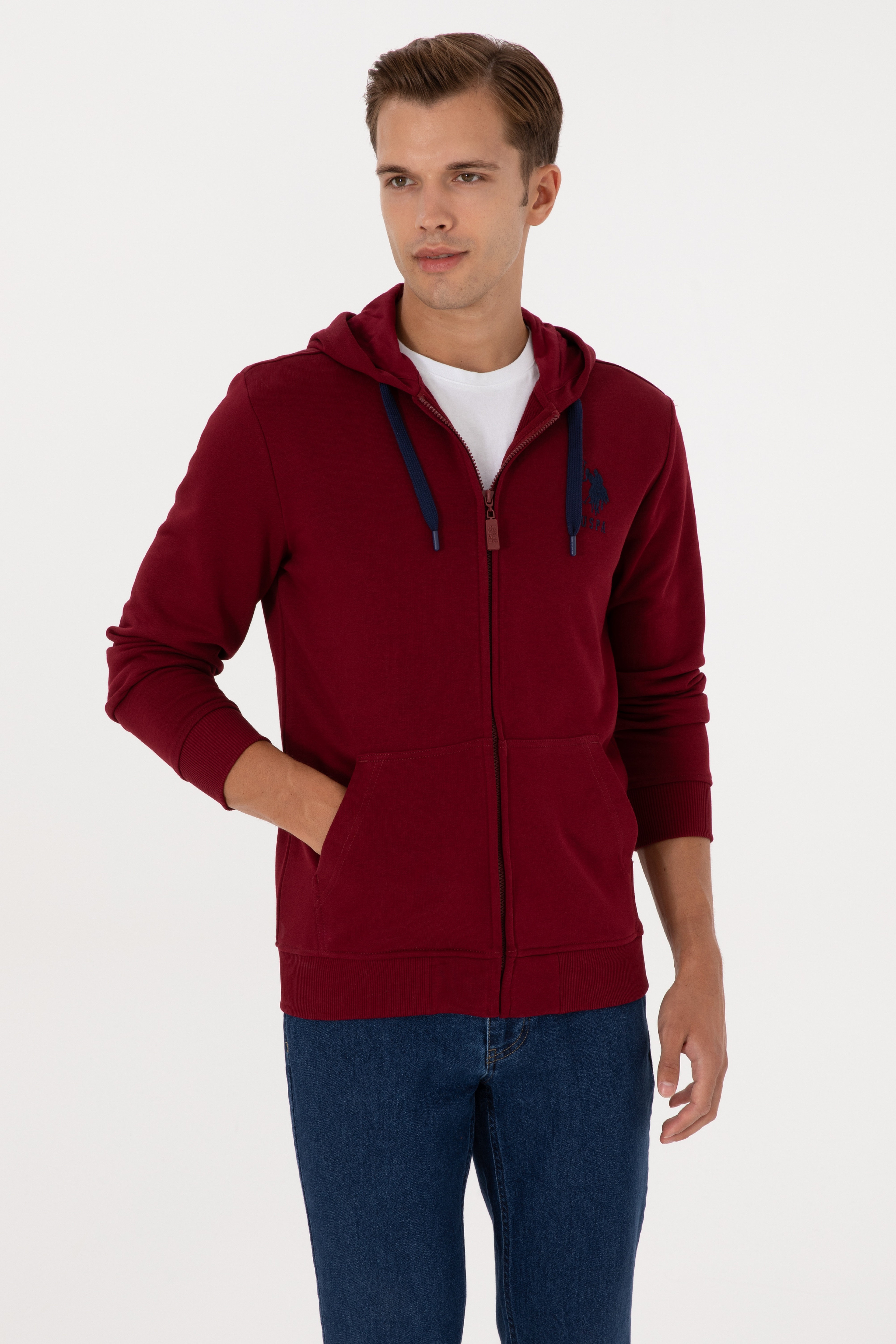 Erkek Regular Fit Regular Fit Fermuarlı Kapüşonlu Bordo Örme Hırka - Image 3
