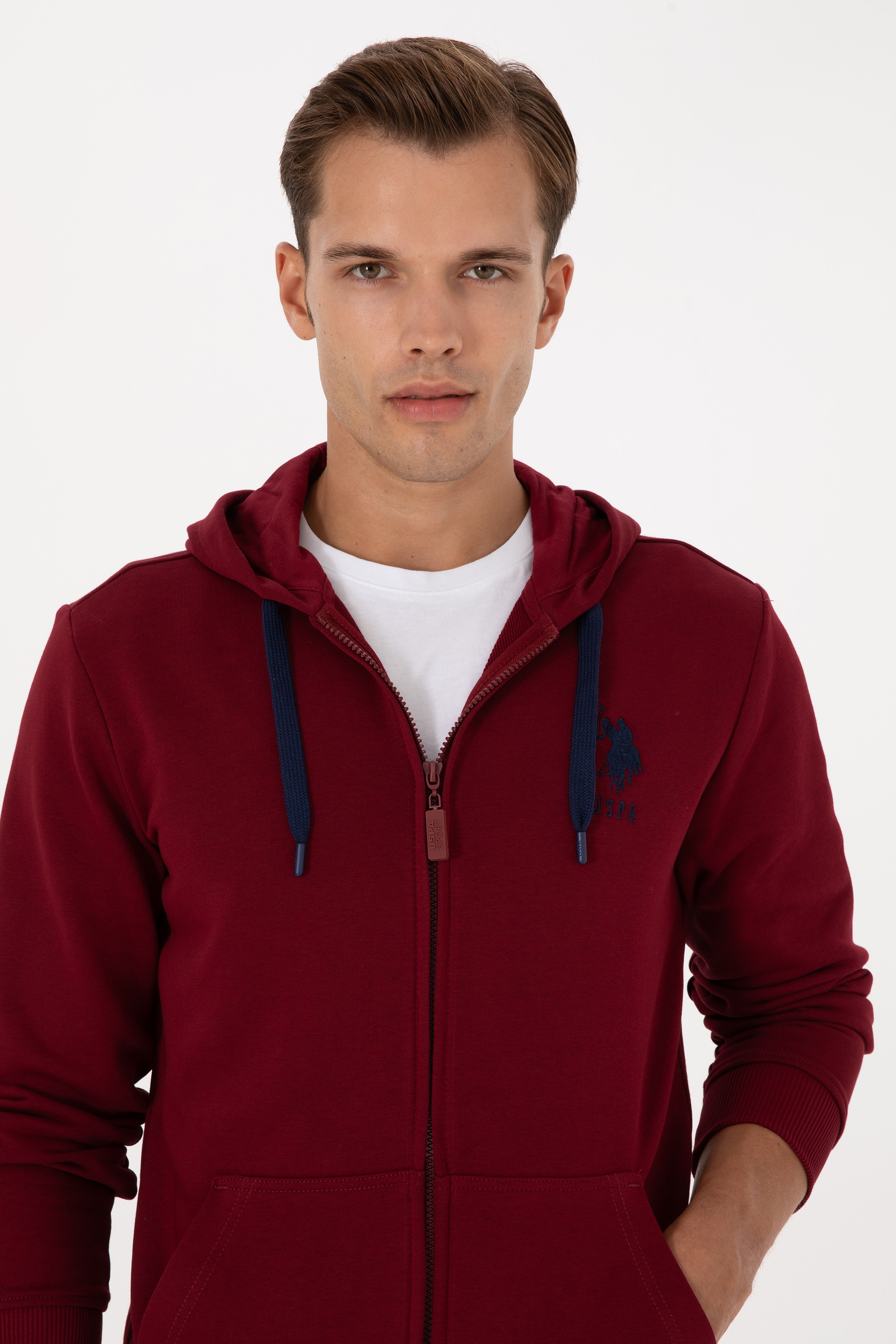 Erkek Regular Fit Regular Fit Fermuarlı Kapüşonlu Bordo Örme Hırka
