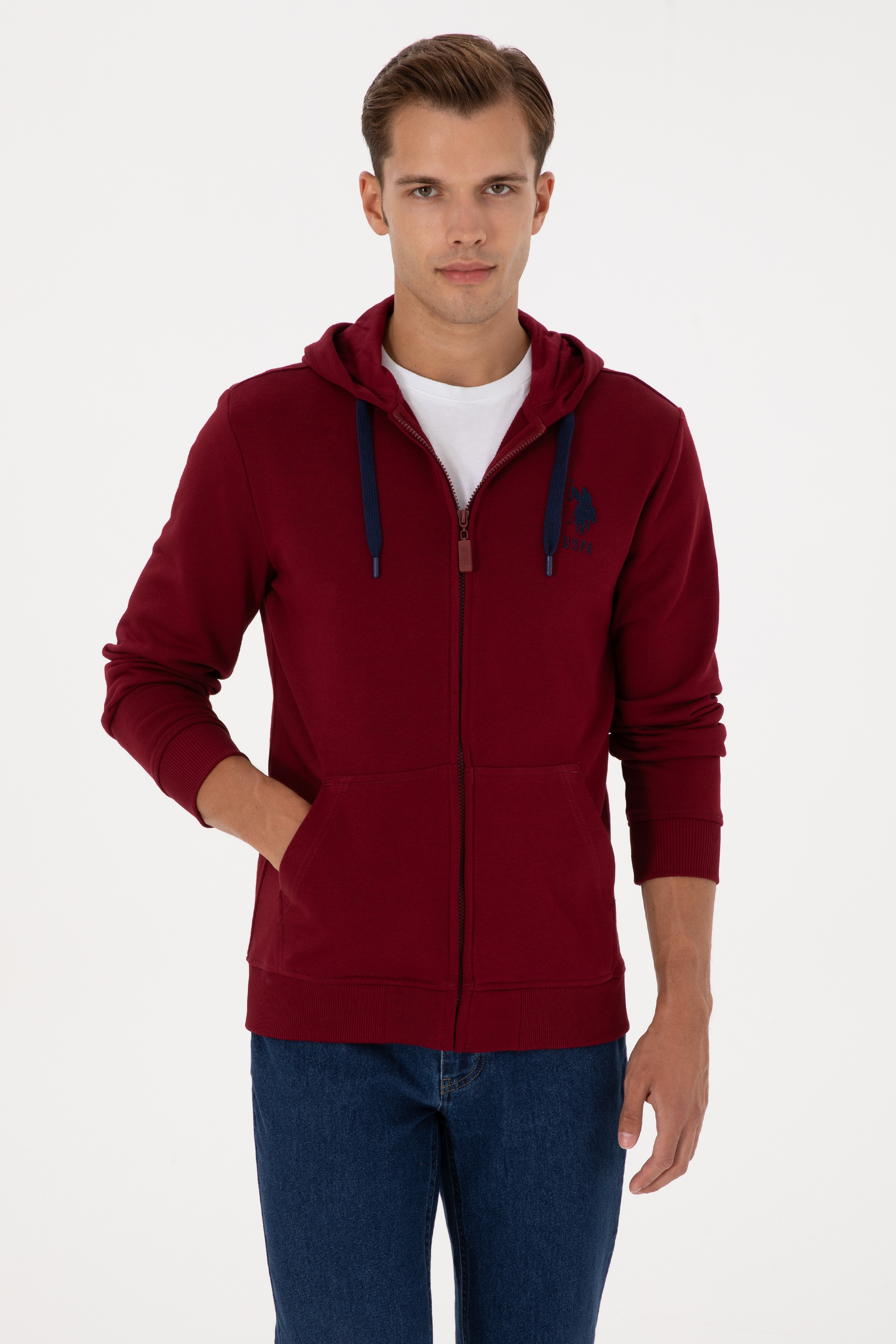 Erkek Regular Fit Regular Fit Fermuarlı Kapüşonlu Bordo Örme Hırka - Image 1
