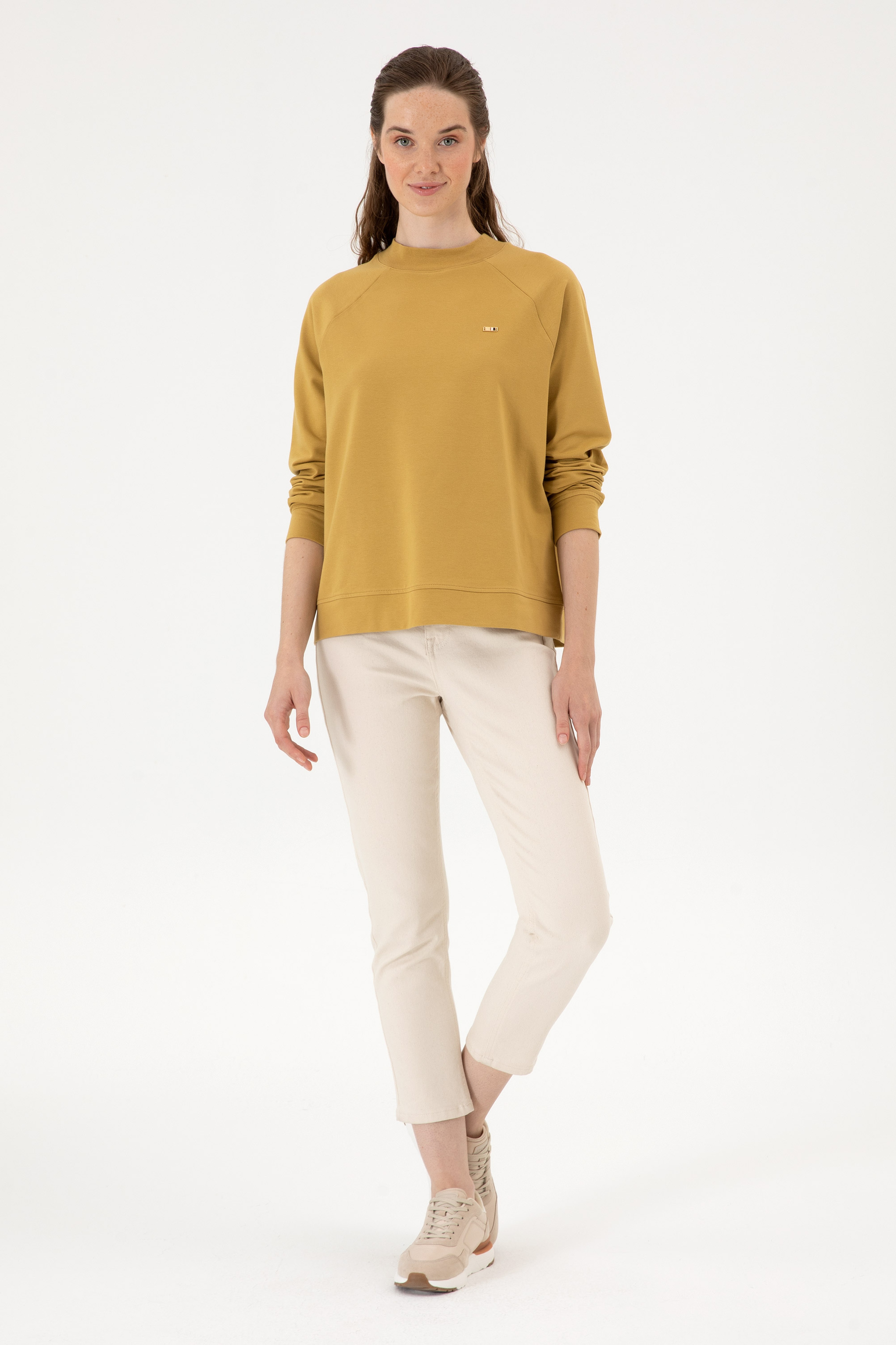 Kadın Camel Regular Bisiklet Yaka Basic Sweatshırt - Image 4