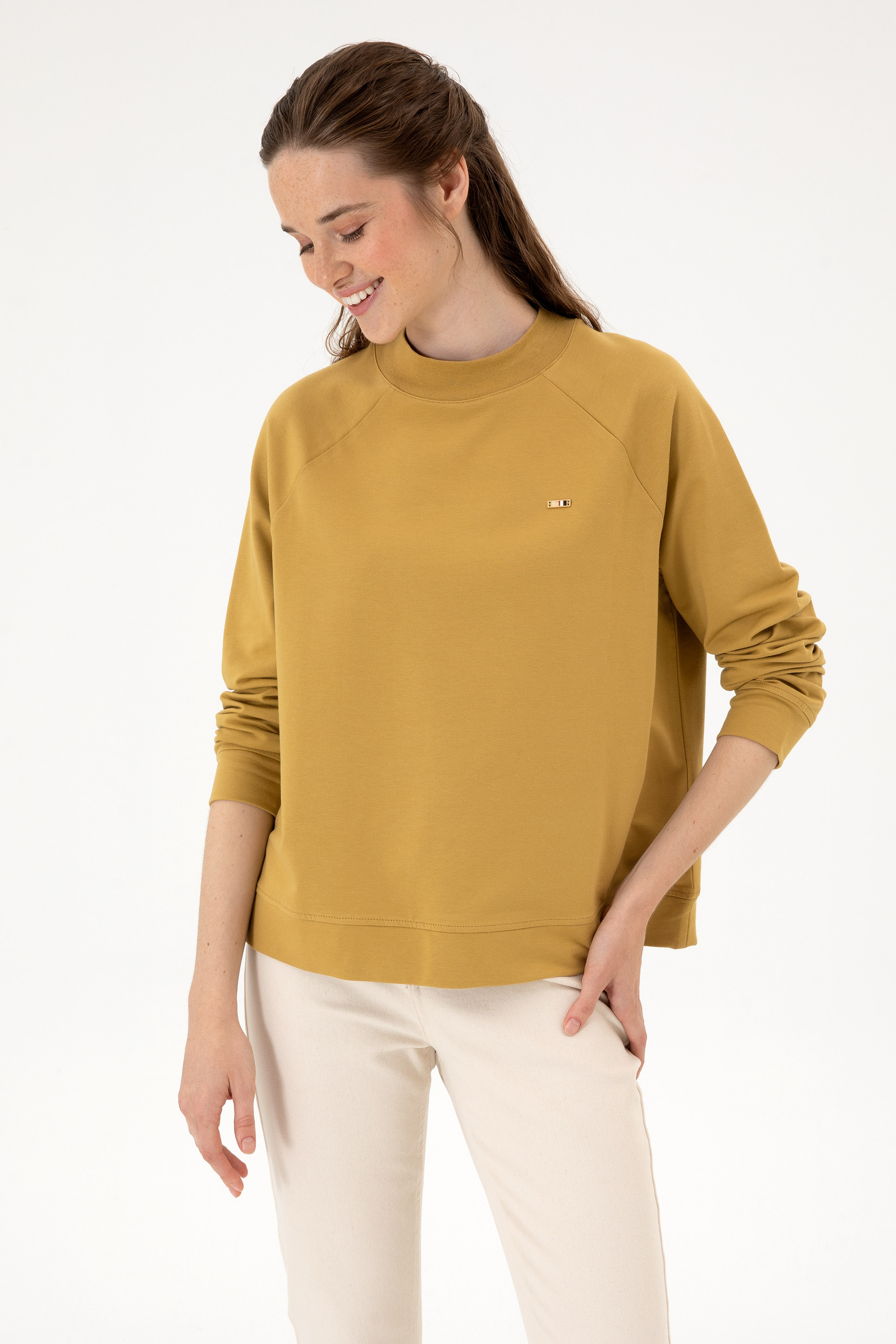 Kadın Camel Regular Bisiklet Yaka Basic Sweatshırt